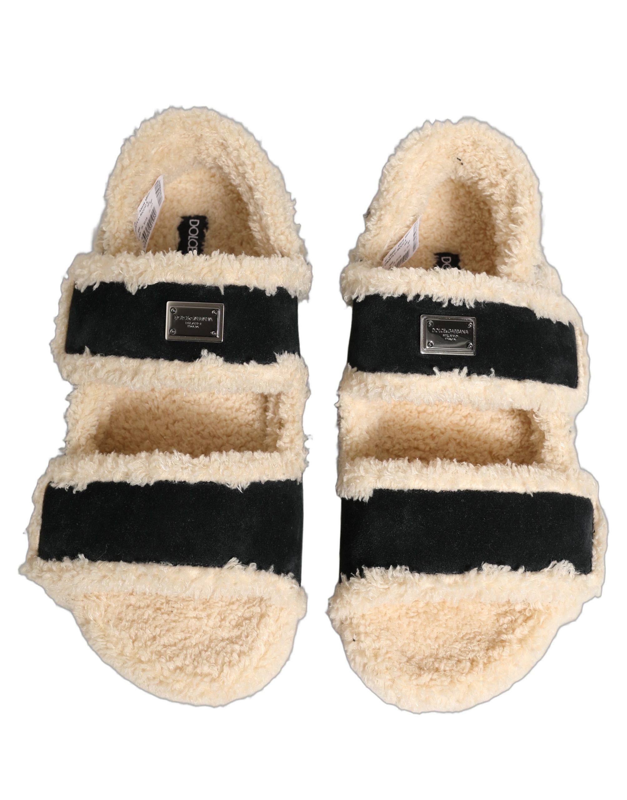 Dolce & Gabbana Beige Schwarze Faux Fur Pantoletten Herren Sandalen Schuhe