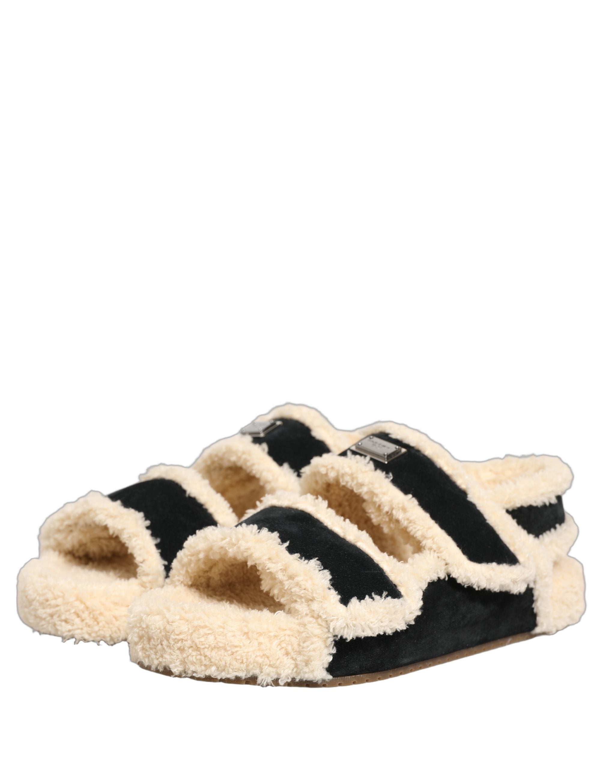 Dolce & Gabbana Beige Schwarze Faux Fur Pantoletten Herren Sandalen Schuhe