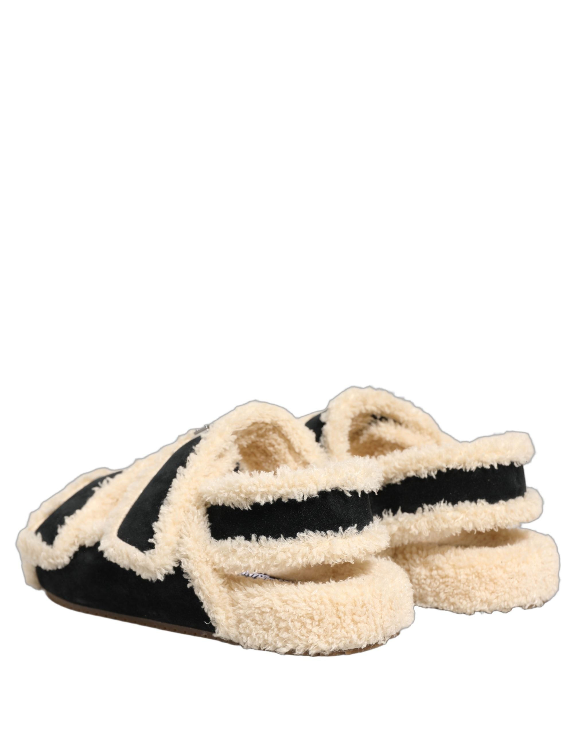 Dolce & Gabbana Beige Schwarze Faux Fur Pantoletten Herren Sandalen Schuhe