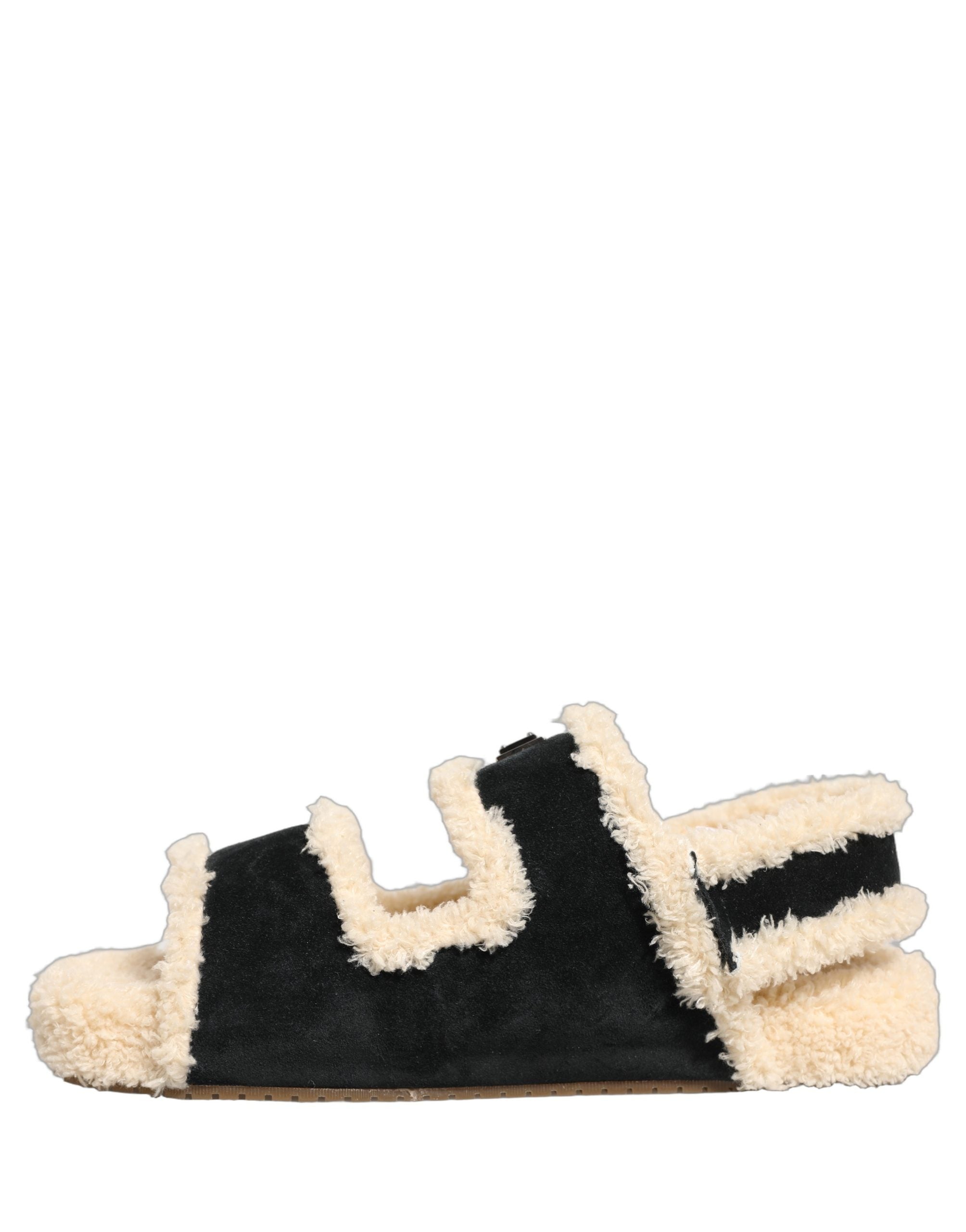Dolce & Gabbana Beige Schwarze Faux Fur Pantoletten Herren Sandalen Schuhe