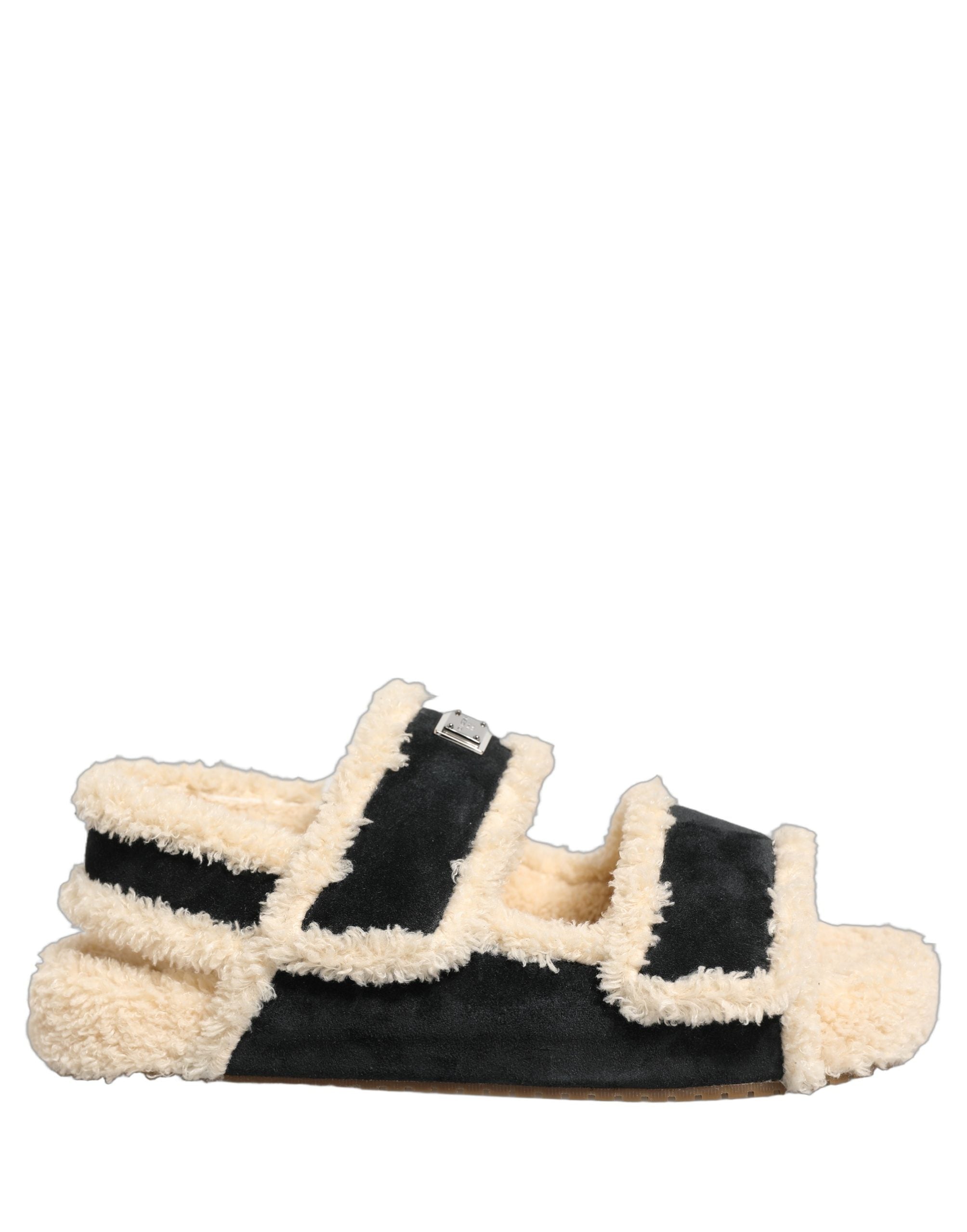 Dolce & Gabbana Beige Schwarze Faux Fur Pantoletten Herren Sandalen Schuhe