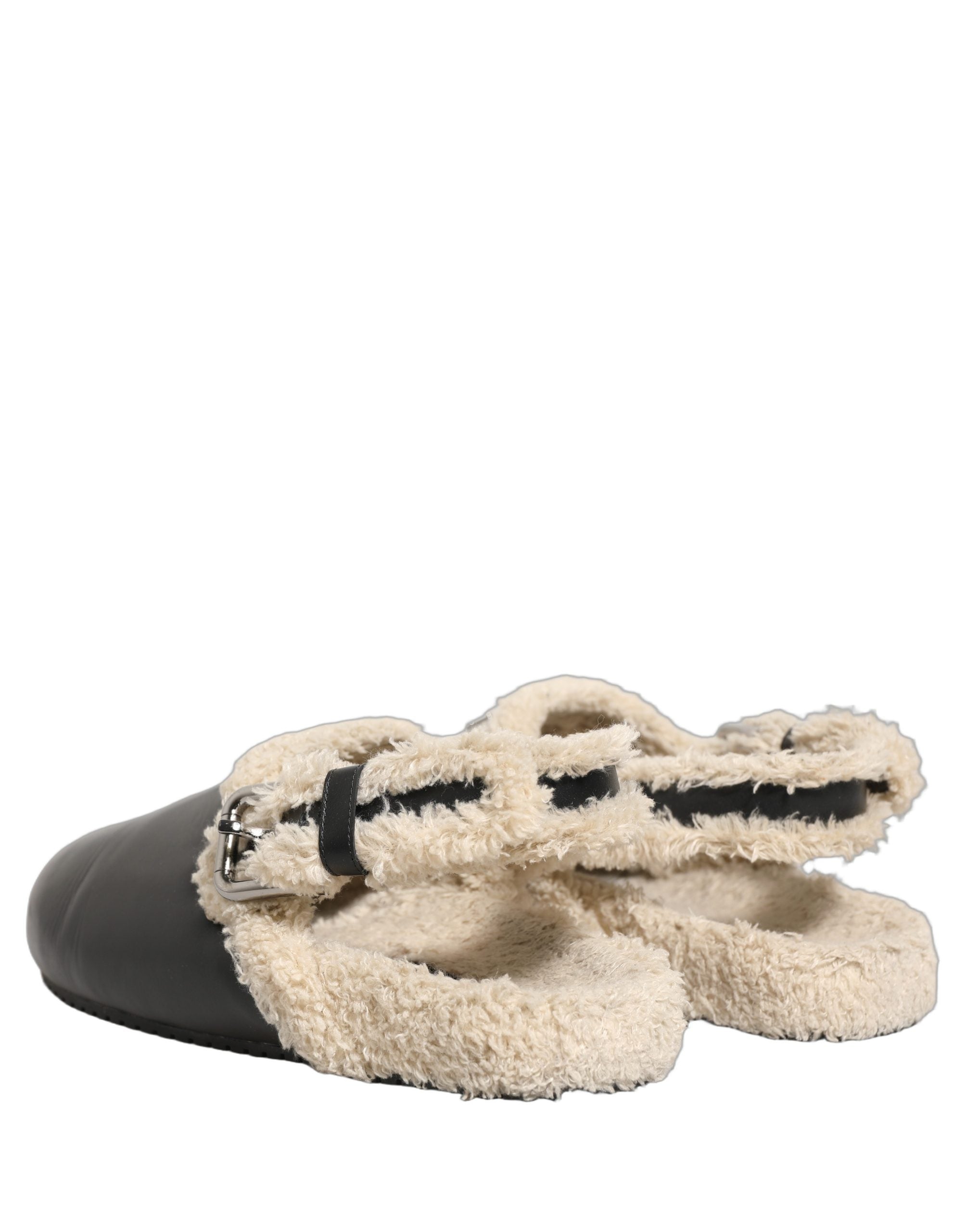 Dolce & Gabbana Beige Schwarze Fell Lammfell Pantoletten Sandalen Schuhe