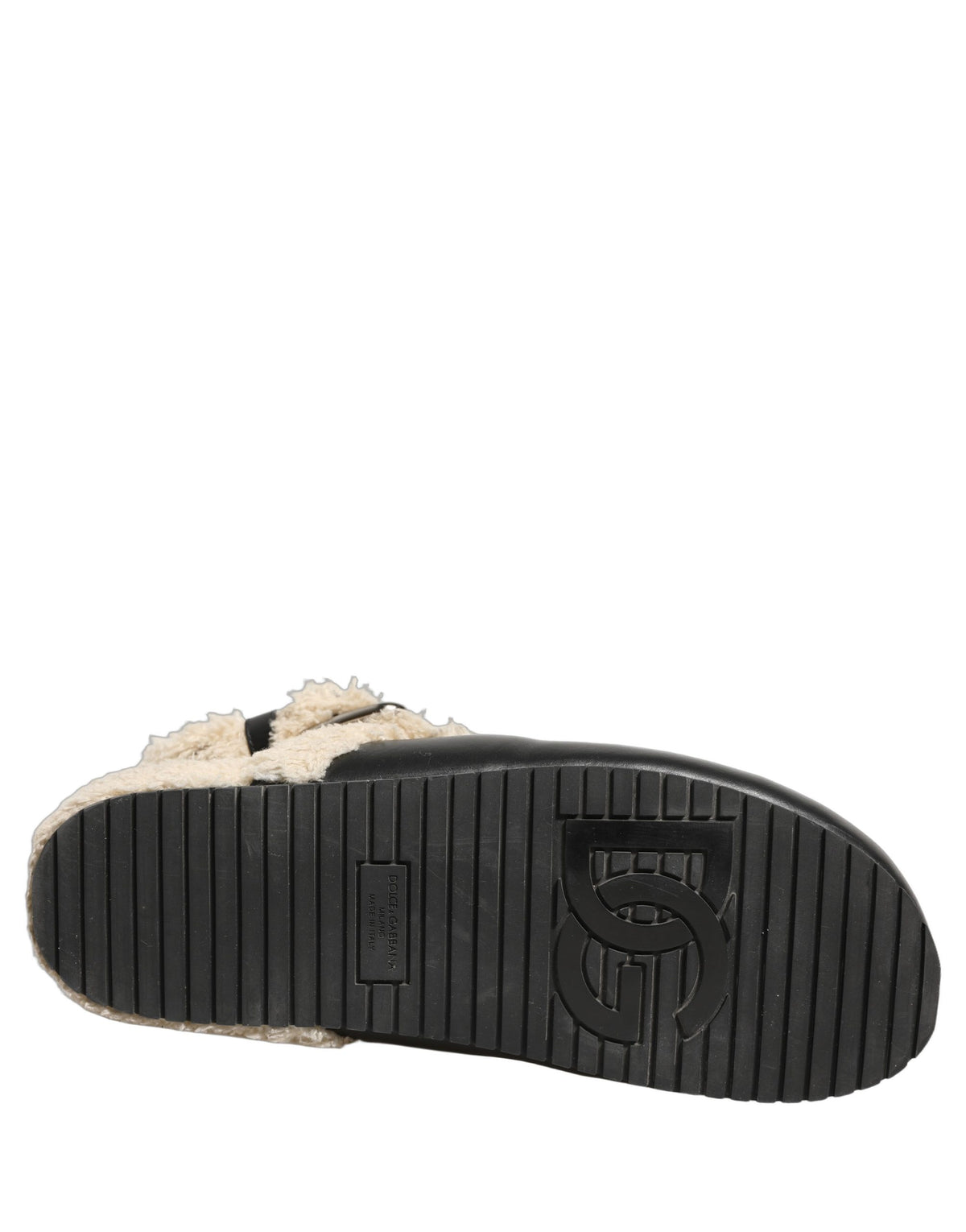 Dolce & Gabbana Beige Schwarze Fell Lammfell Pantoletten Sandalen Schuhe