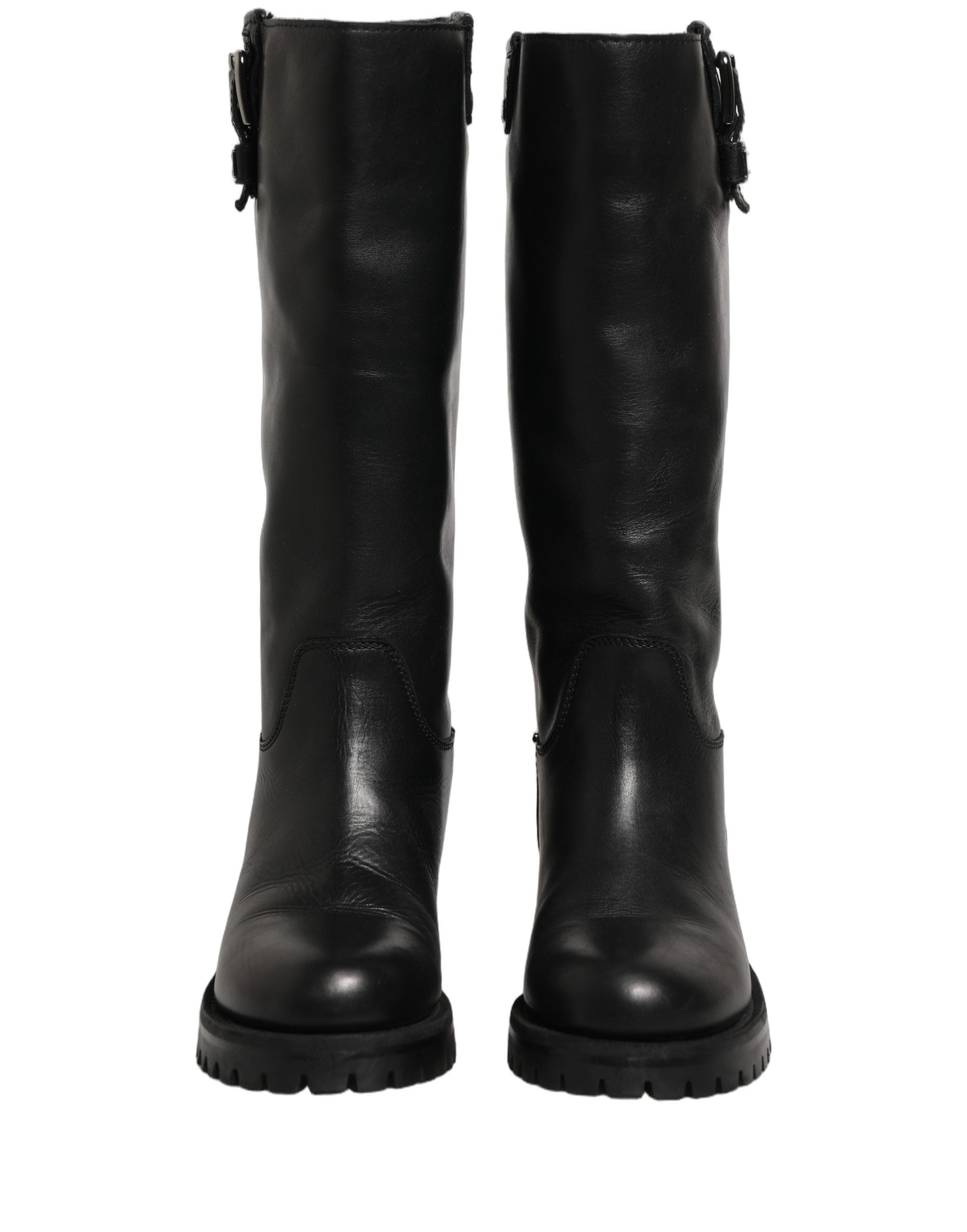 Dolce & Gabbana Schwarze Lederstiefel mit Schnallen-Detail, mittlere Wadenlänge