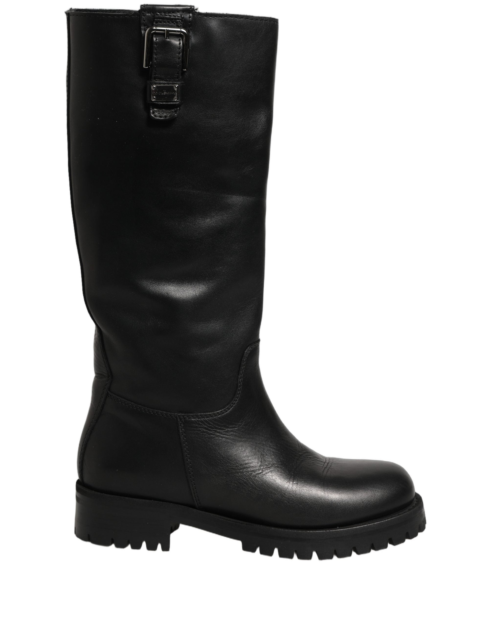 Dolce & Gabbana Schwarze Lederstiefel mit Schnallen-Detail, mittlere Wadenlänge