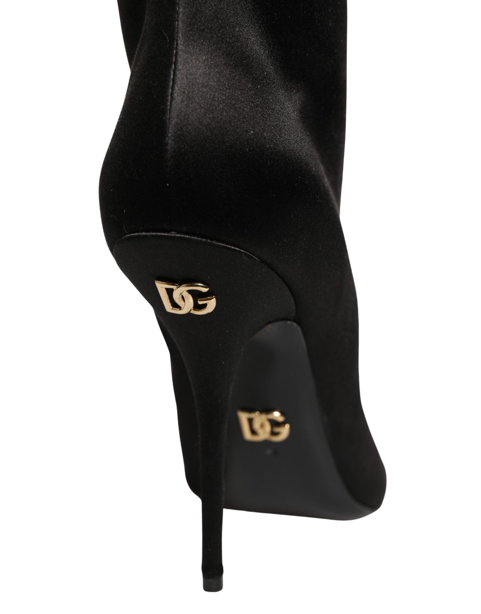 Dolce & Gabbana Schwarze Kniehohe Stiletto-Stiefel aus Satin