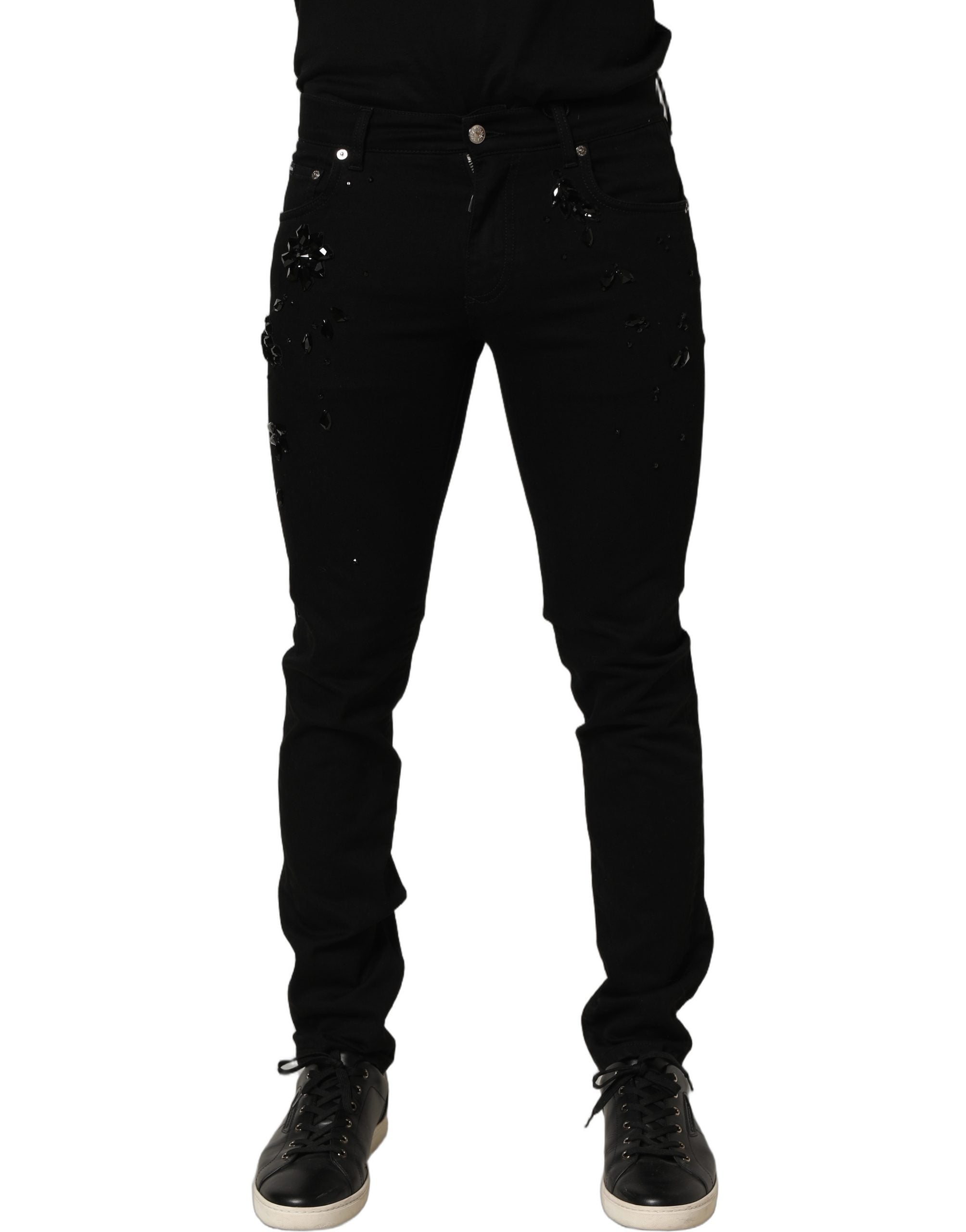 Dolce & Gabbana Schwarze verzierte Baumwoll-Skinny-Jeans