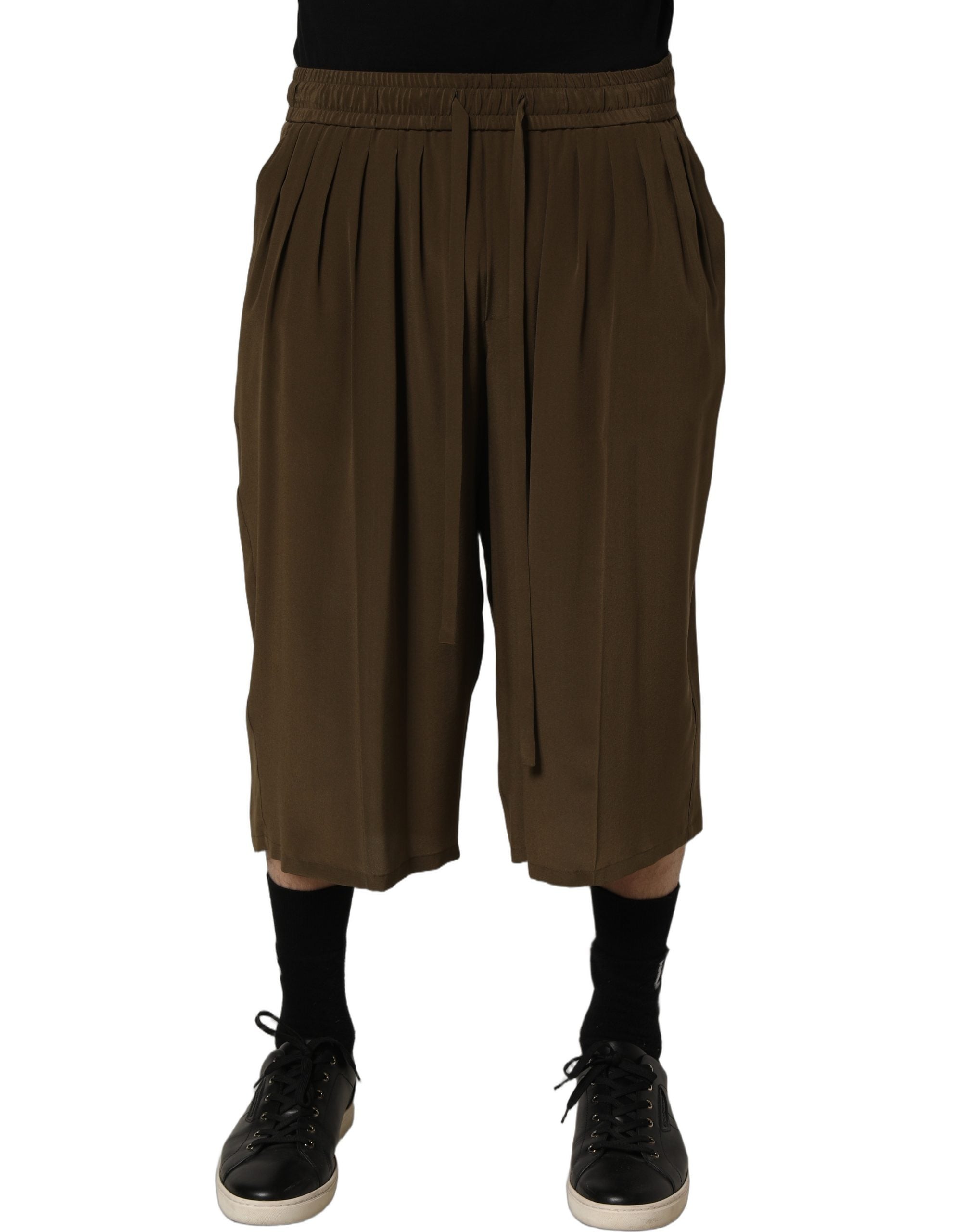 Dolce & Gabbana Braune Seiden-Bermudashorts mit mittlerer Taille und Faltenlegung
