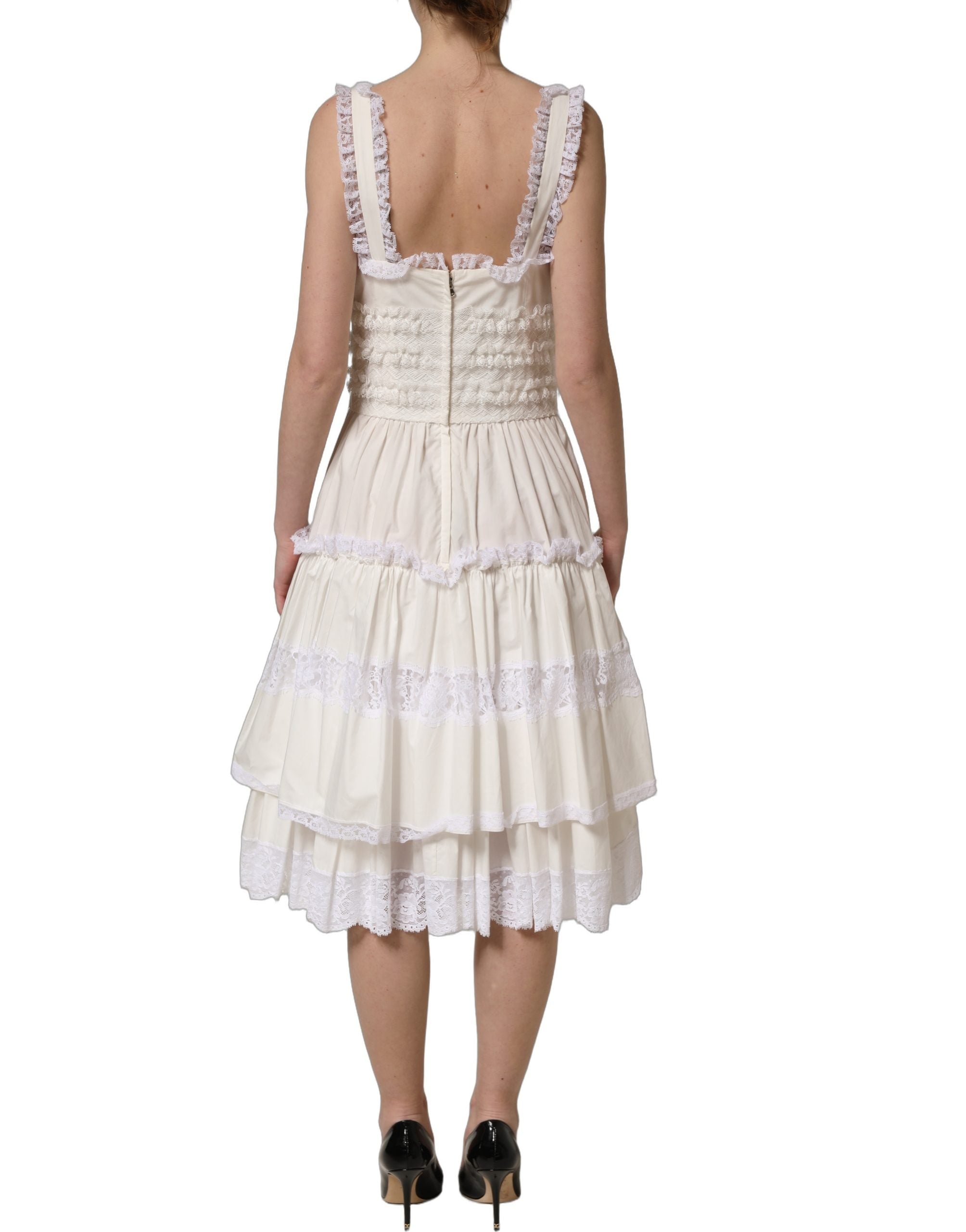 Dolce & Gabbana Midi-Kleid aus weißem Baumwollpopeline mit Rüschen