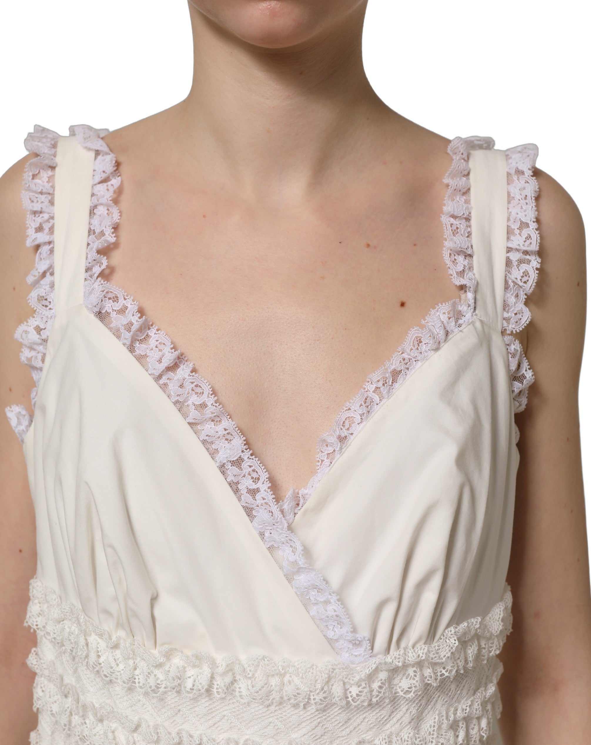 Dolce & Gabbana Midi-Kleid aus weißem Baumwollpopeline mit Rüschen