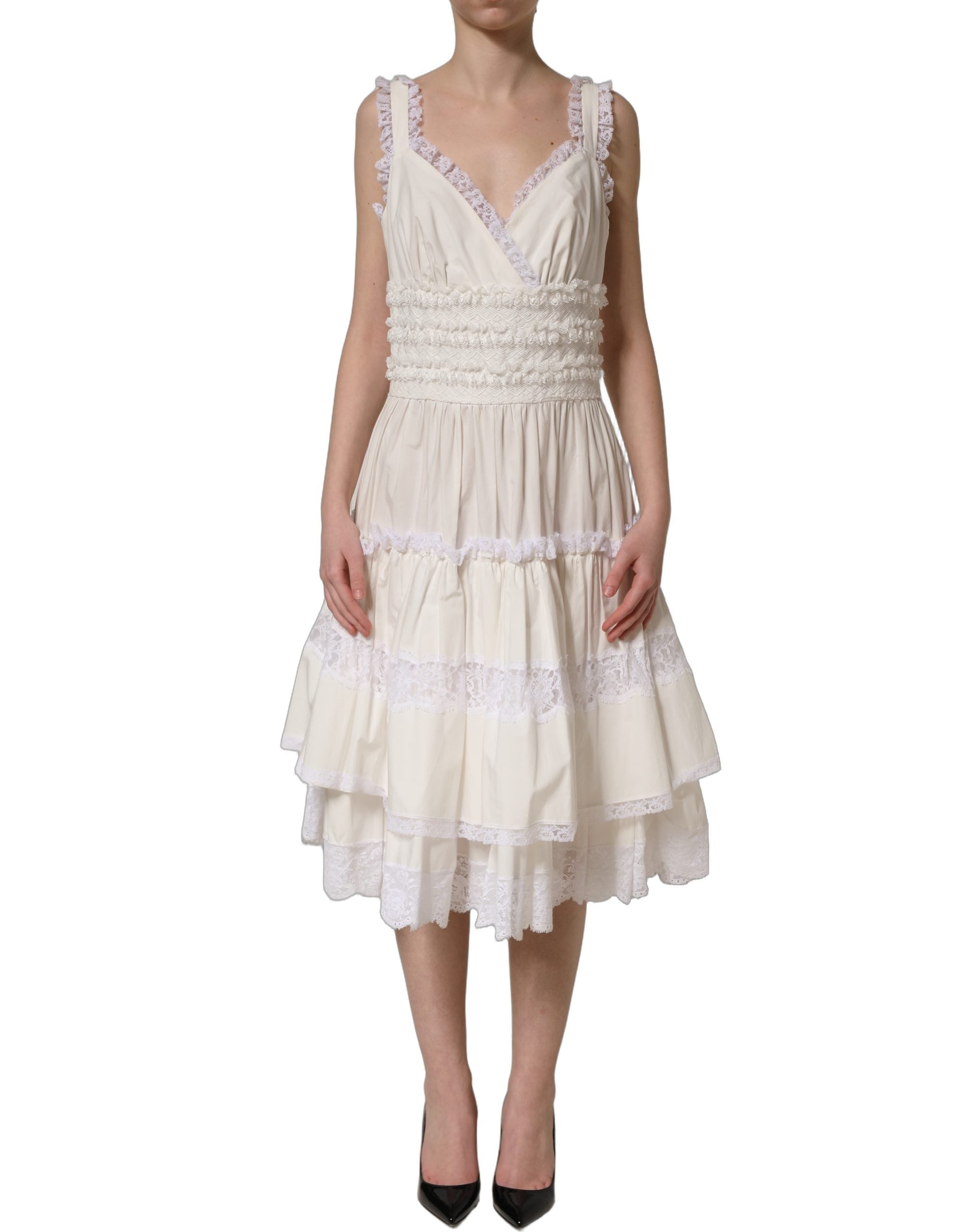 Dolce & Gabbana Midi-Kleid aus weißem Baumwollpopeline mit Rüschen