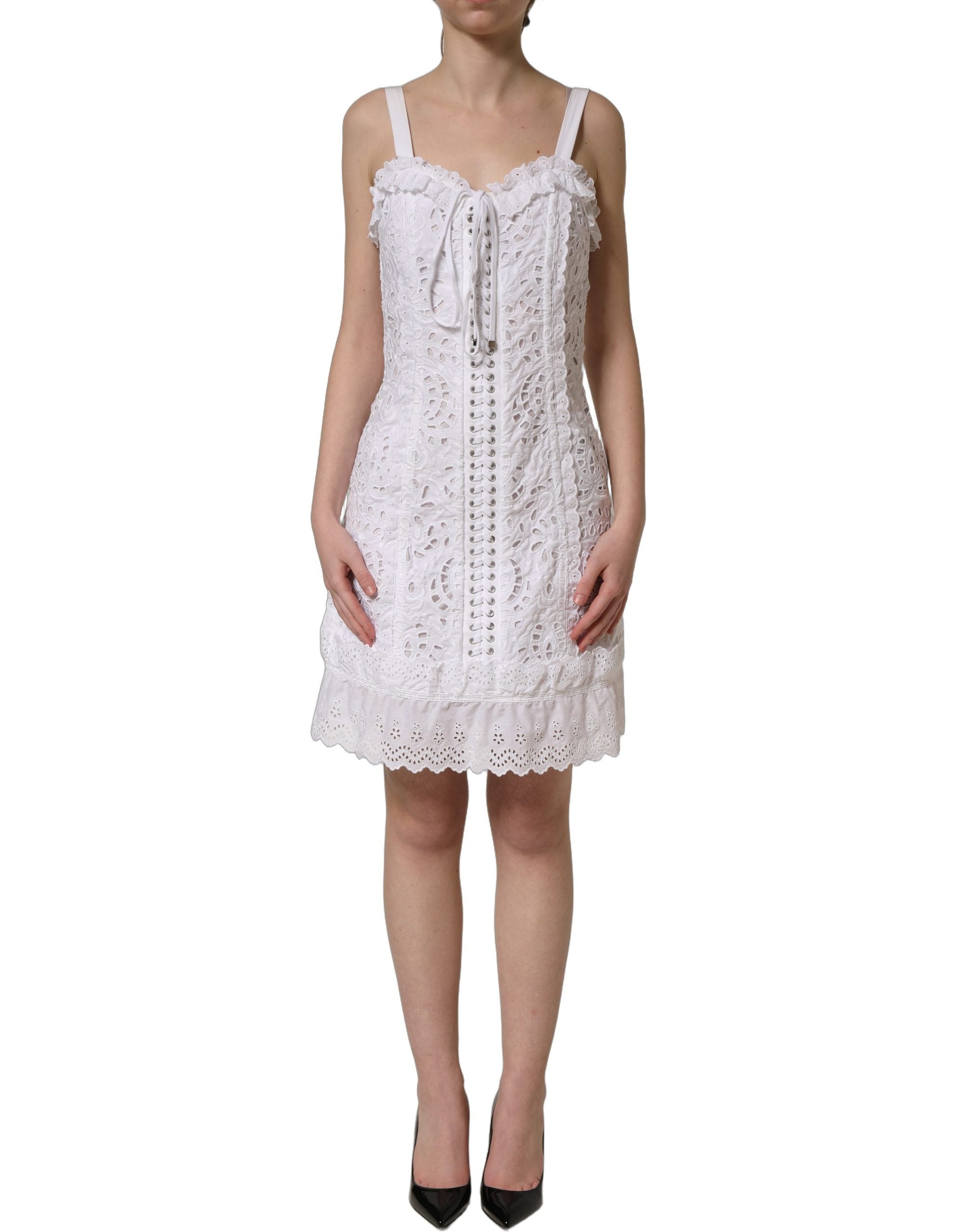 Dolce & Gabbana Weißes Mini-Kleid aus Broderie Anglaise Baumwolle