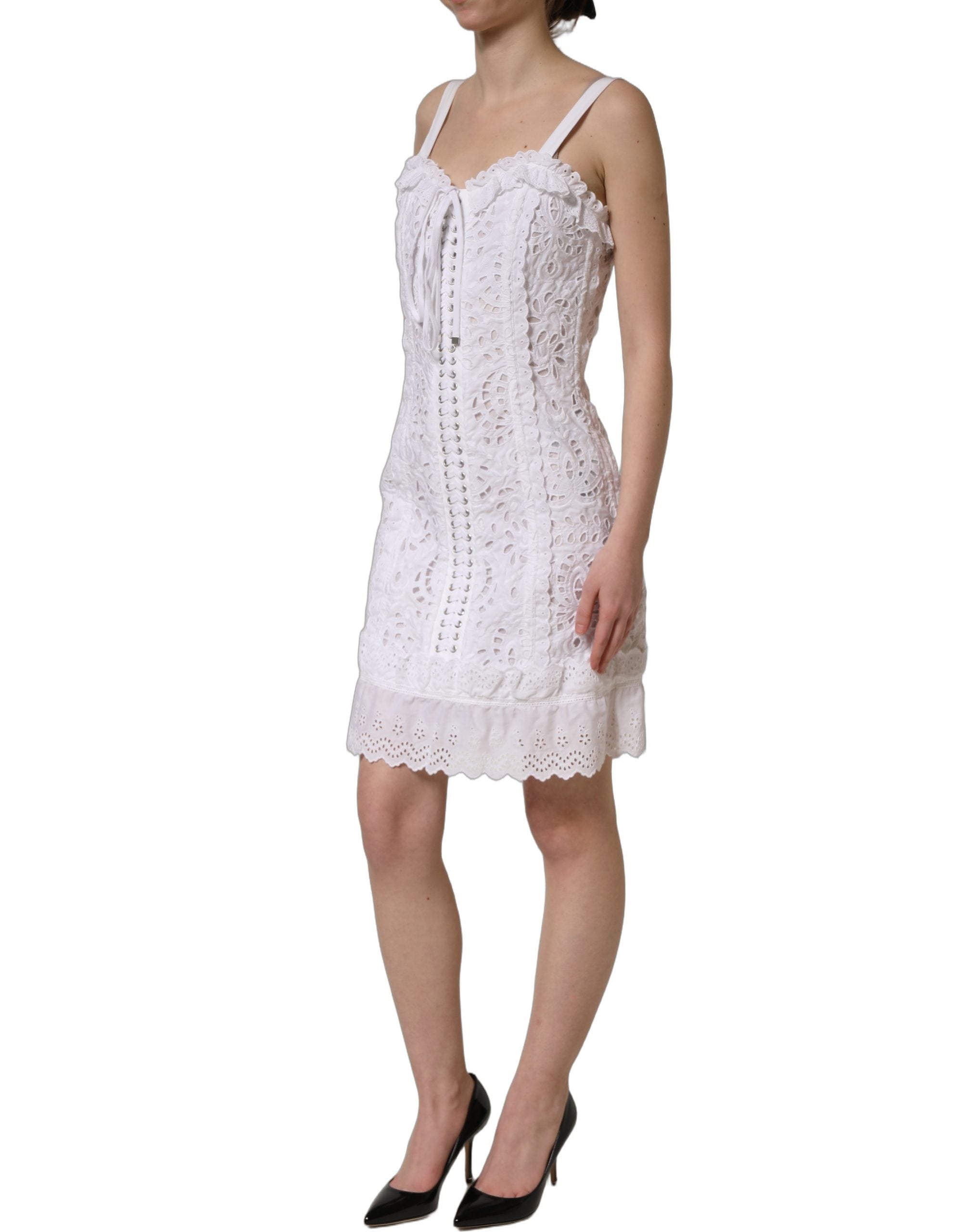 Dolce & Gabbana Weißes Mini-Kleid aus Broderie Anglaise Baumwolle