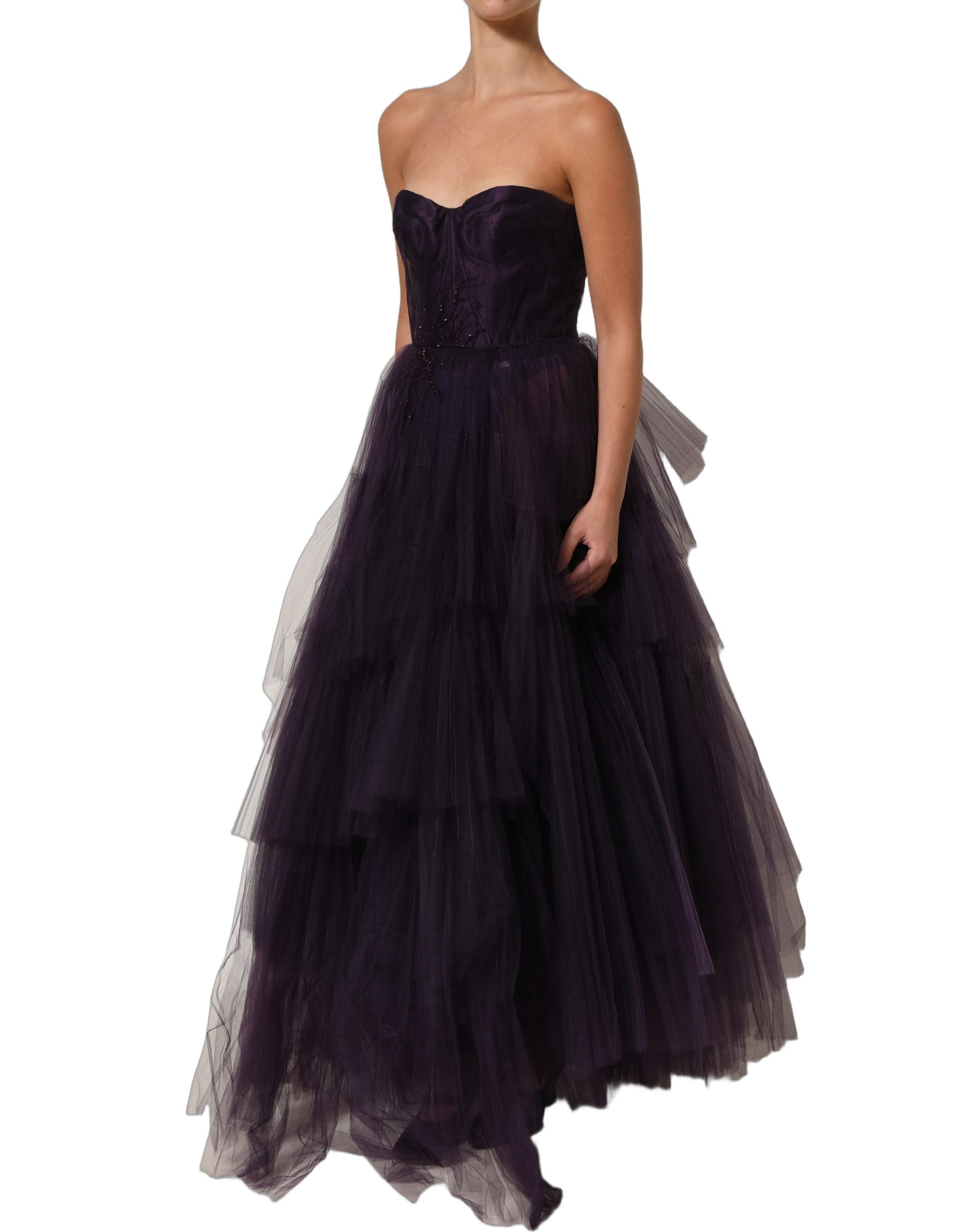 Dolce & Gabbana Lila bodenlanges Tüll-Seiden-Abendkleid mit Volants