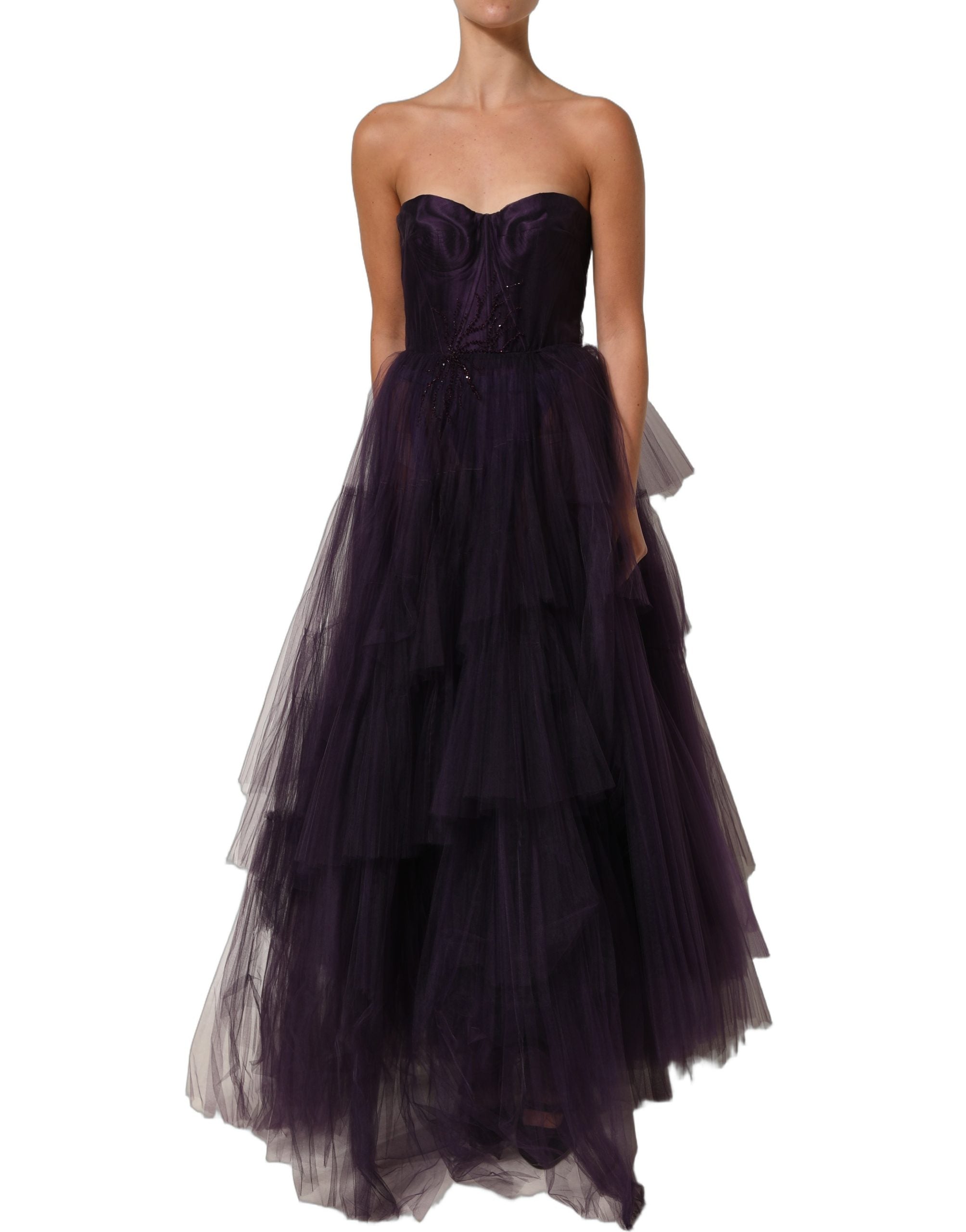 Dolce & Gabbana Lila bodenlanges Tüll-Seiden-Abendkleid mit Volants