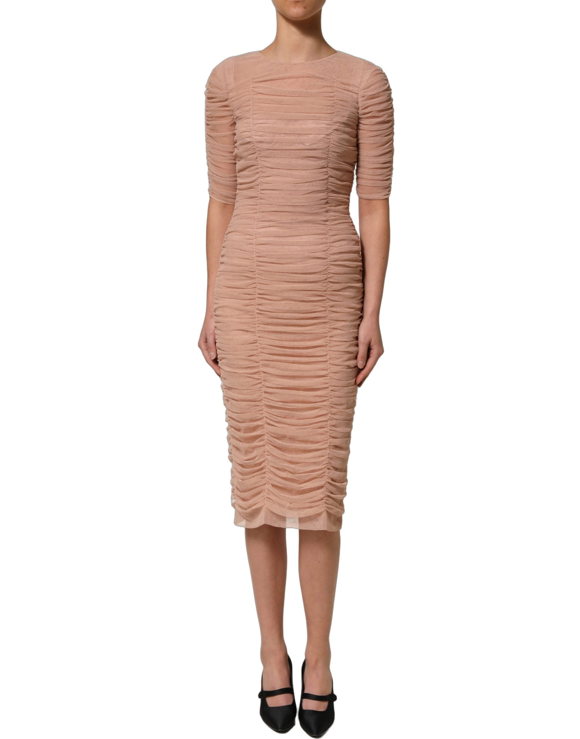 Dolce & Gabbana Beige Baumwoll-Mesh-Raffungen Etuikleid Midi