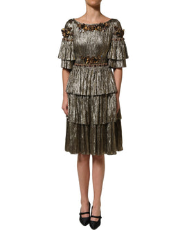 Dolce & Gabbana Midi-Kleid aus Metallic-Gold mit Verzierungen und Stufen-Design