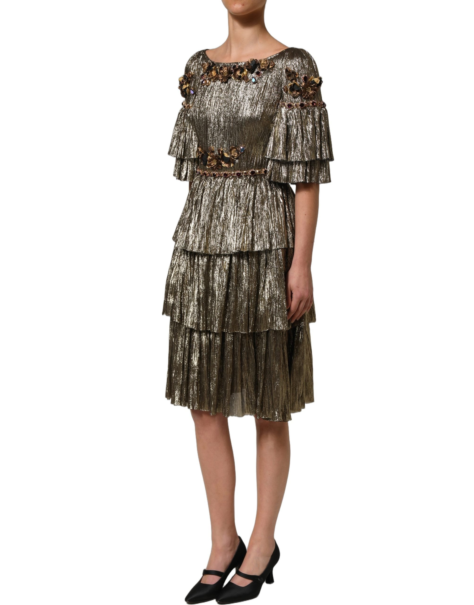 Dolce & Gabbana Midi-Kleid aus Metallic-Gold mit Verzierungen und Stufen-Design