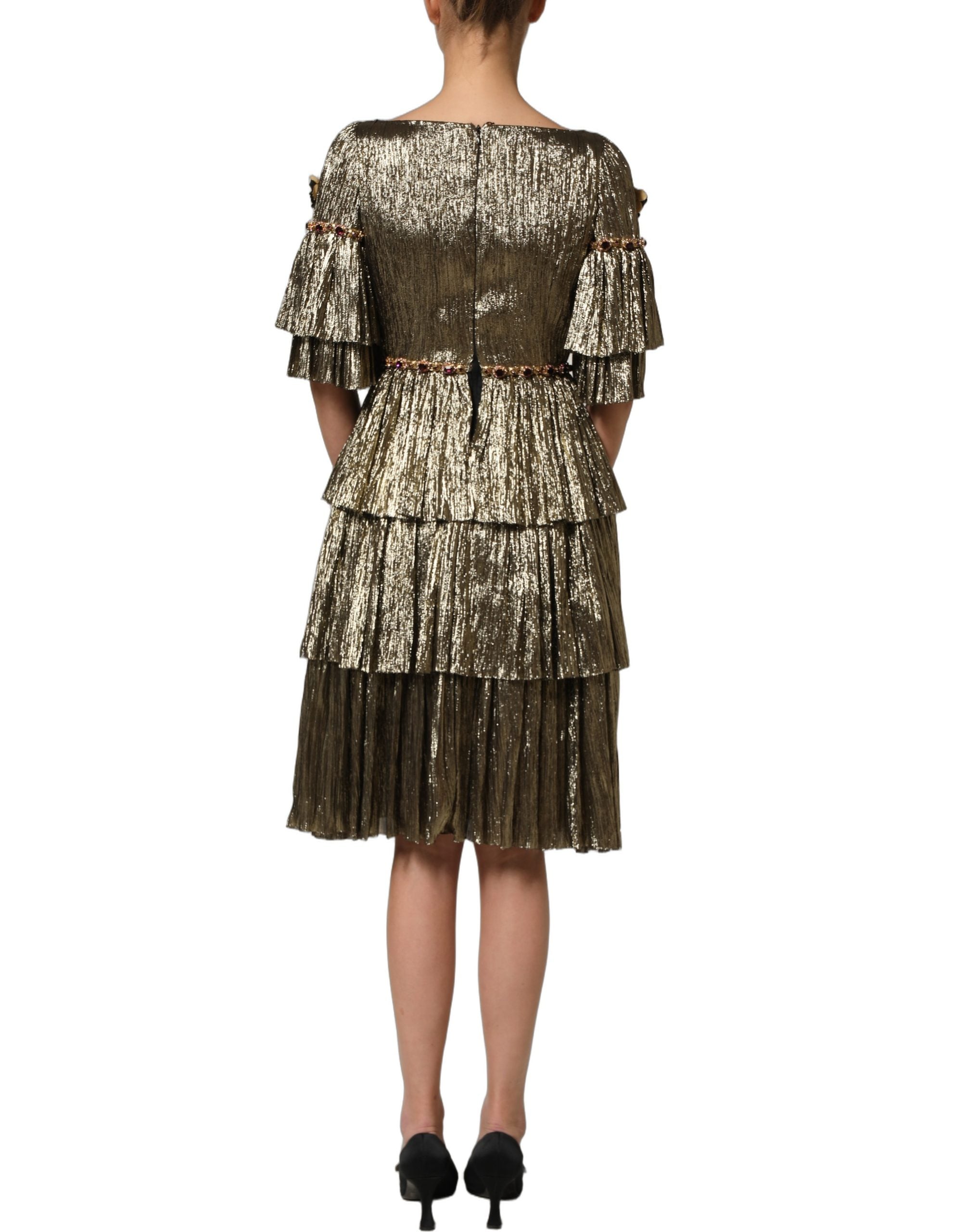 Dolce & Gabbana Midi-Kleid aus Metallic-Gold mit Verzierungen und Stufen-Design