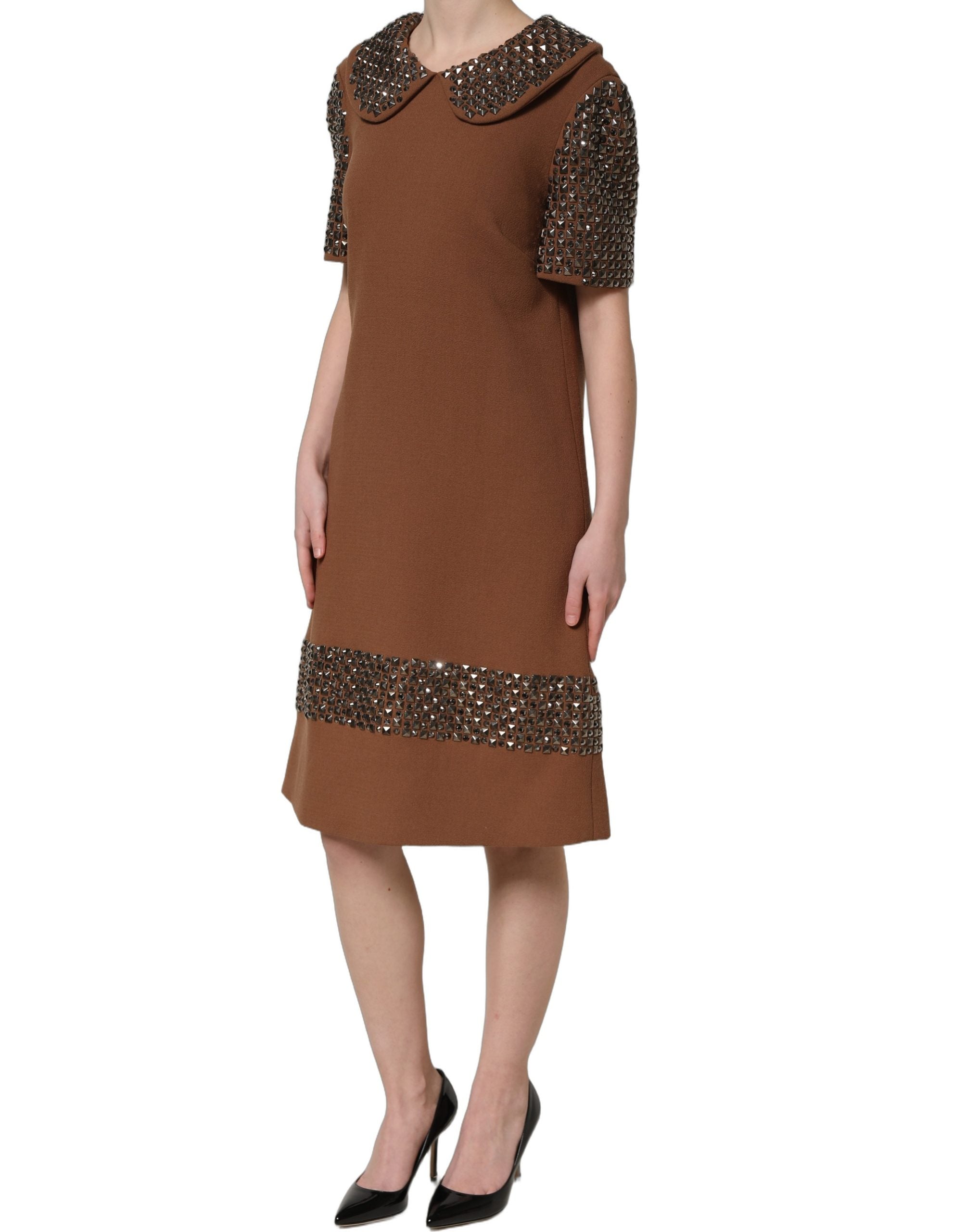 Dolce & Gabbana Braunes Wollkleid mit Strassbesatz, Midi-Länge