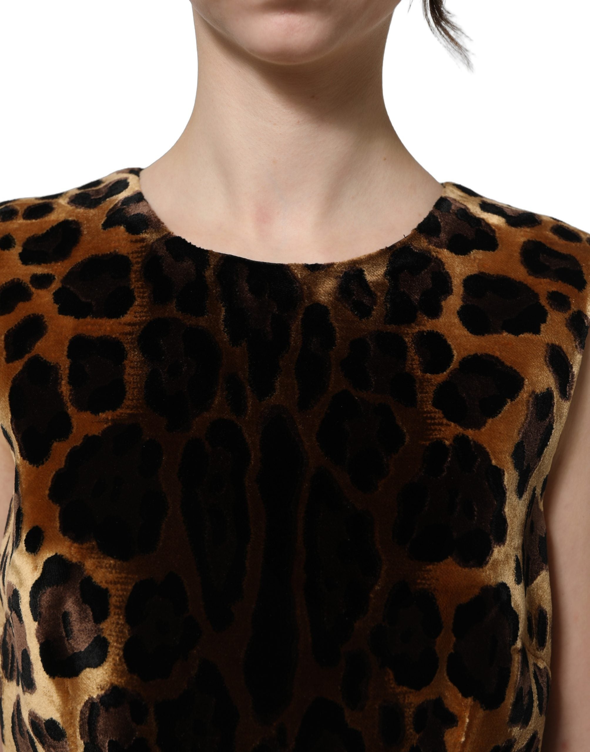 Dolce & Gabbana Braunes ärmelloses Etui-Minikleid mit Leopardenmuster