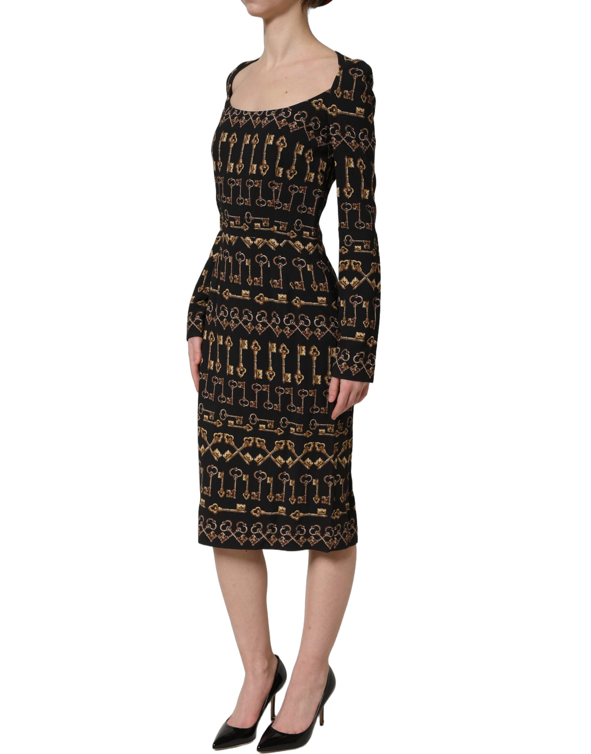 Dolce & Gabbana Schwarzes Etuikleid mit langem Arm und Schlüssel-Print