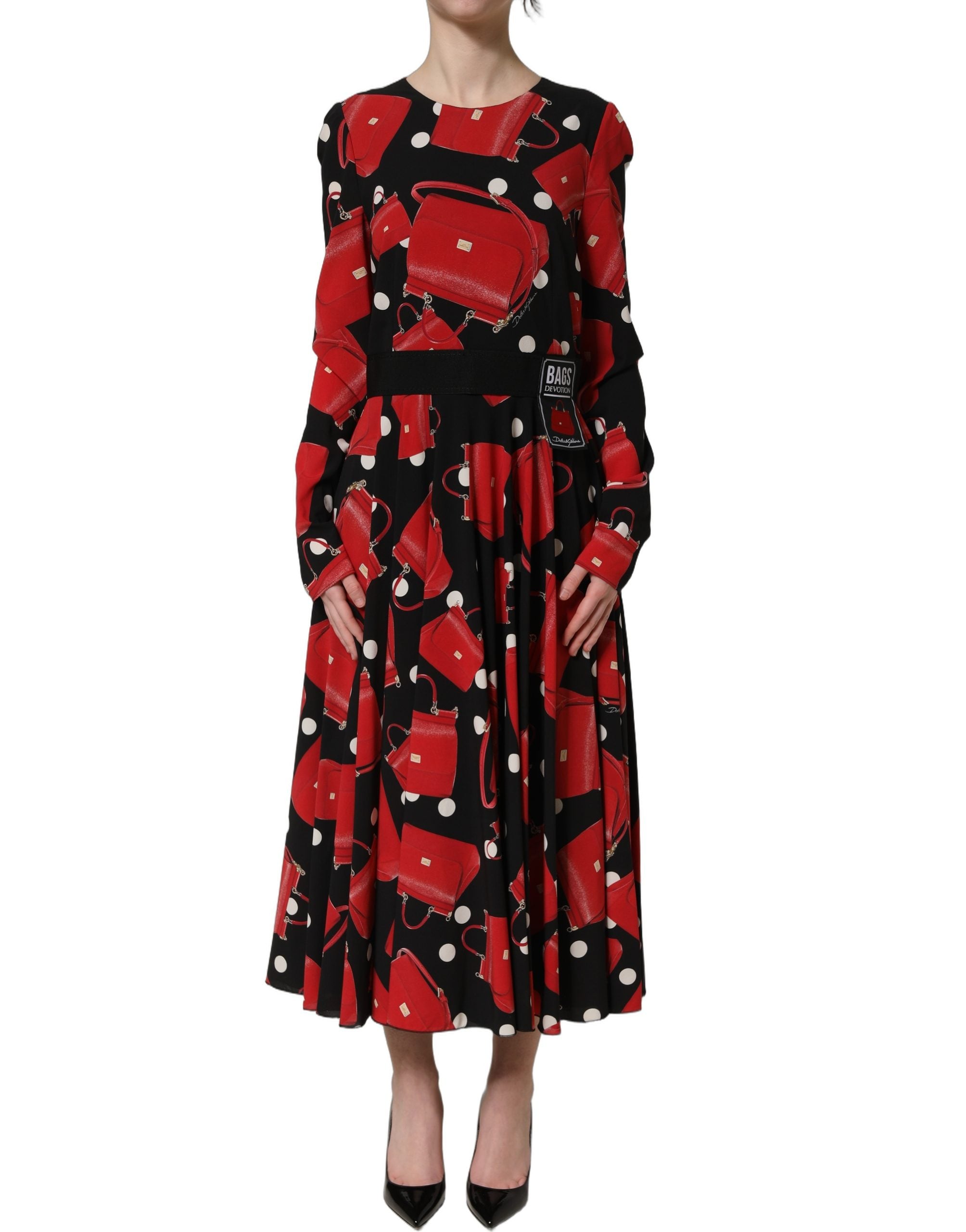 Dolce & Gabbana Schwarzes Midikleid mit Langarm und Handtaschen-Print