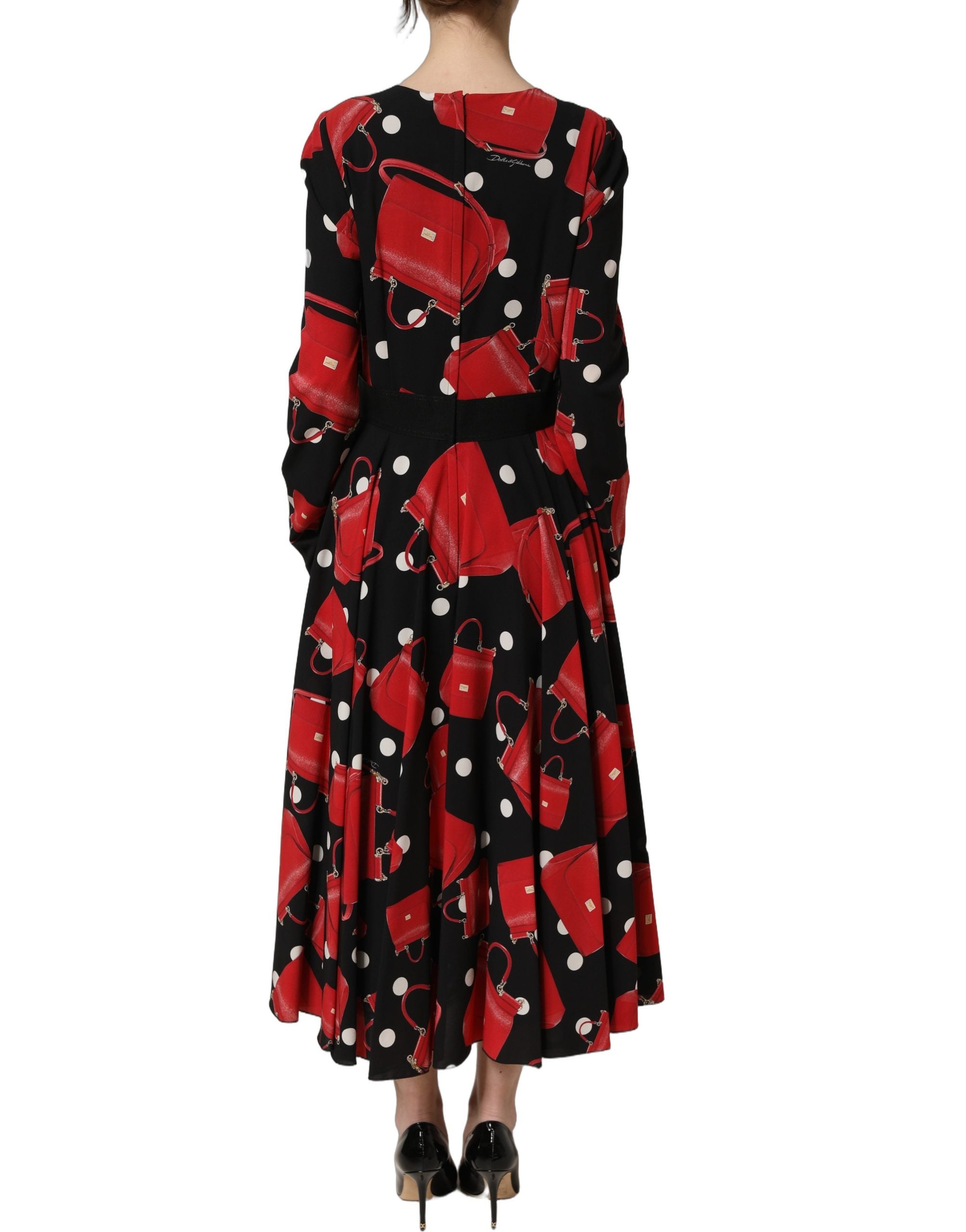 Dolce & Gabbana Schwarzes Midikleid mit Langarm und Handtaschen-Print