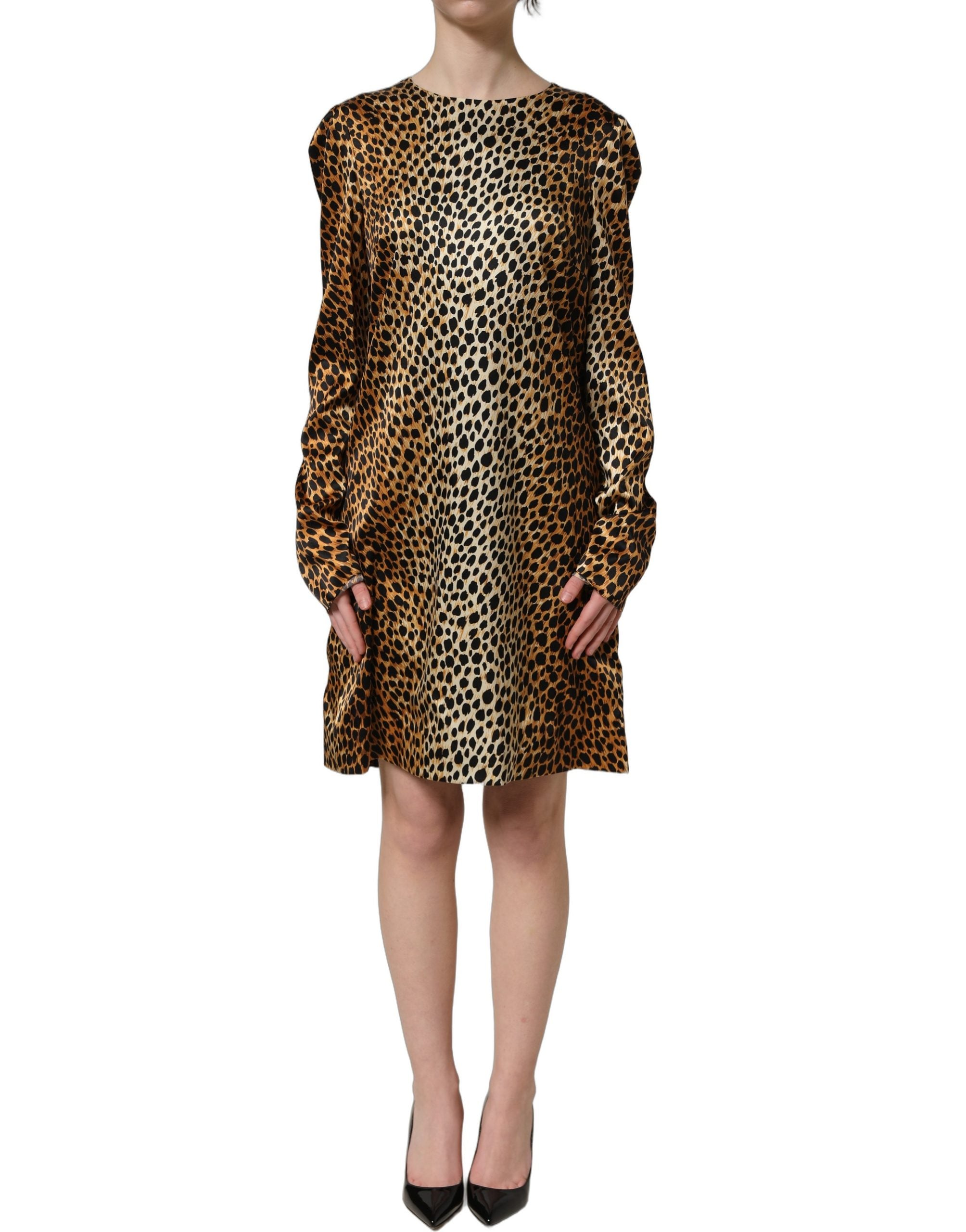 Dolce & Gabbana Braunes Mini-Kleid mit Ozelot-Print und langen Ärmeln