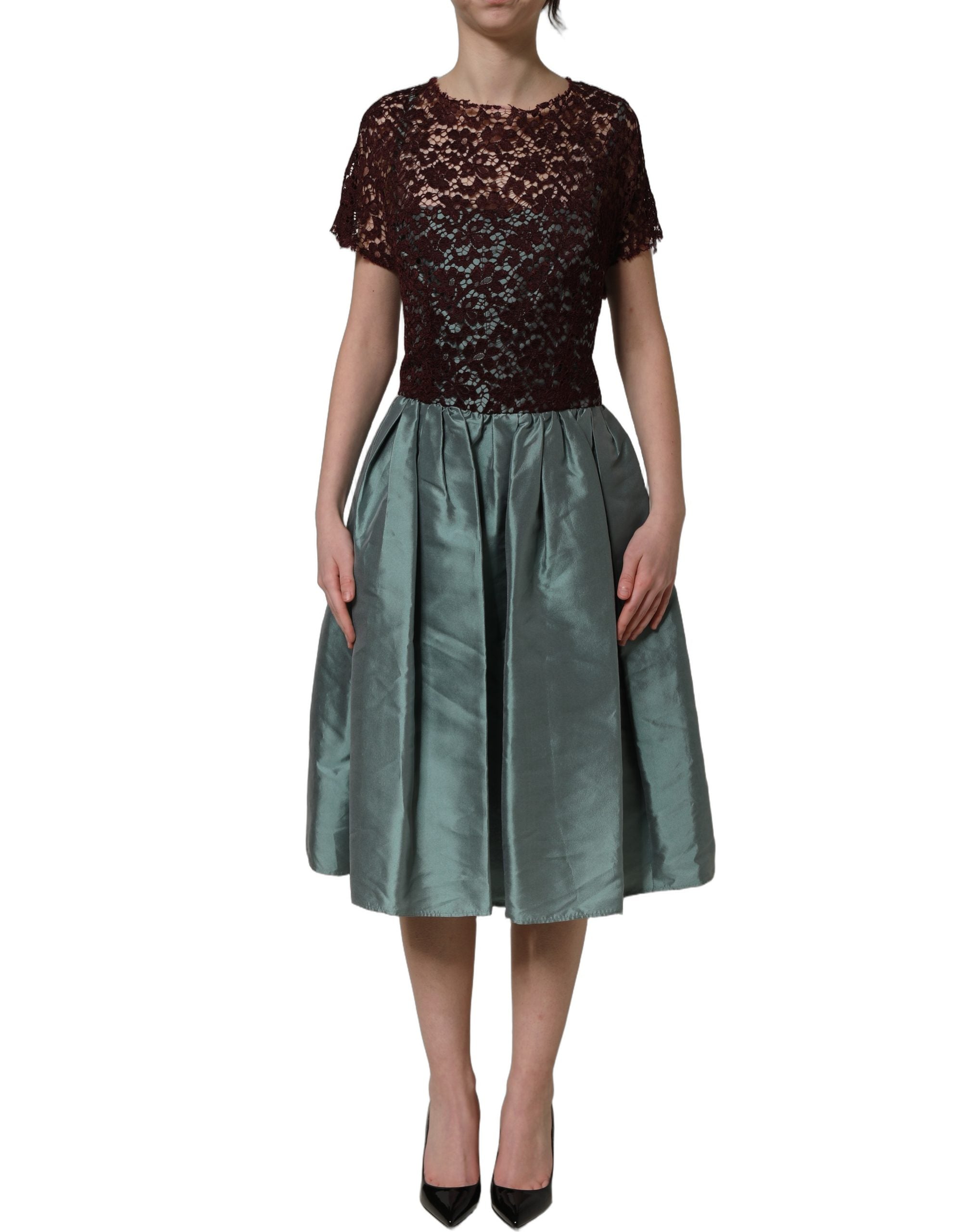 Dolce & Gabbana Mehrfarbiges Blumen-Spitzen-Taft-Midikleid mit Falten