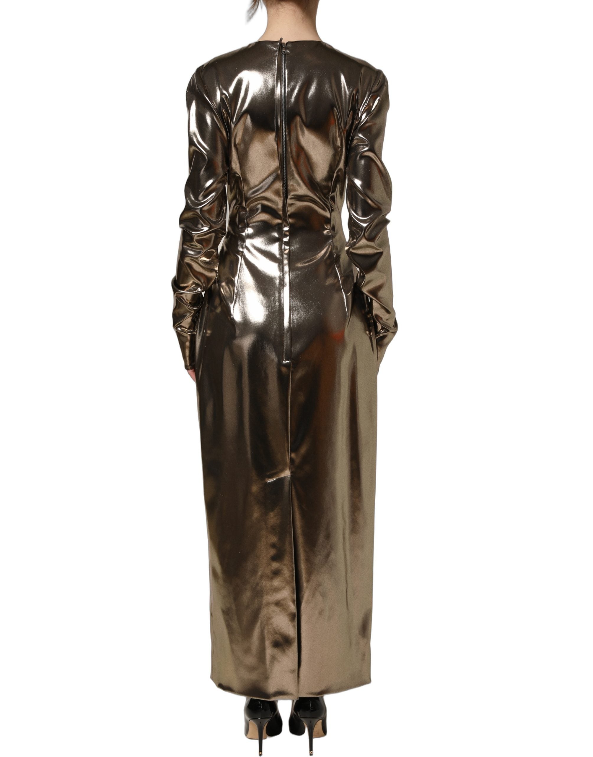 Dolce & Gabbana Maxikleid aus Polyester mit Metallic-Gold-Effekt und langen Ärmeln