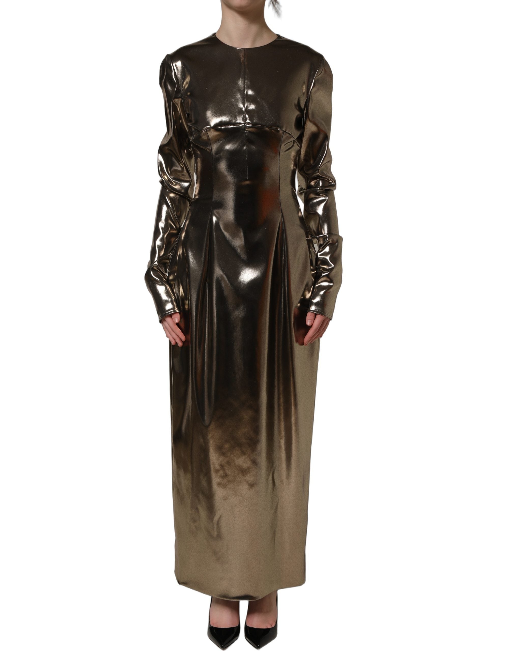 Dolce & Gabbana Maxikleid aus Polyester mit Metallic-Gold-Effekt und langen Ärmeln