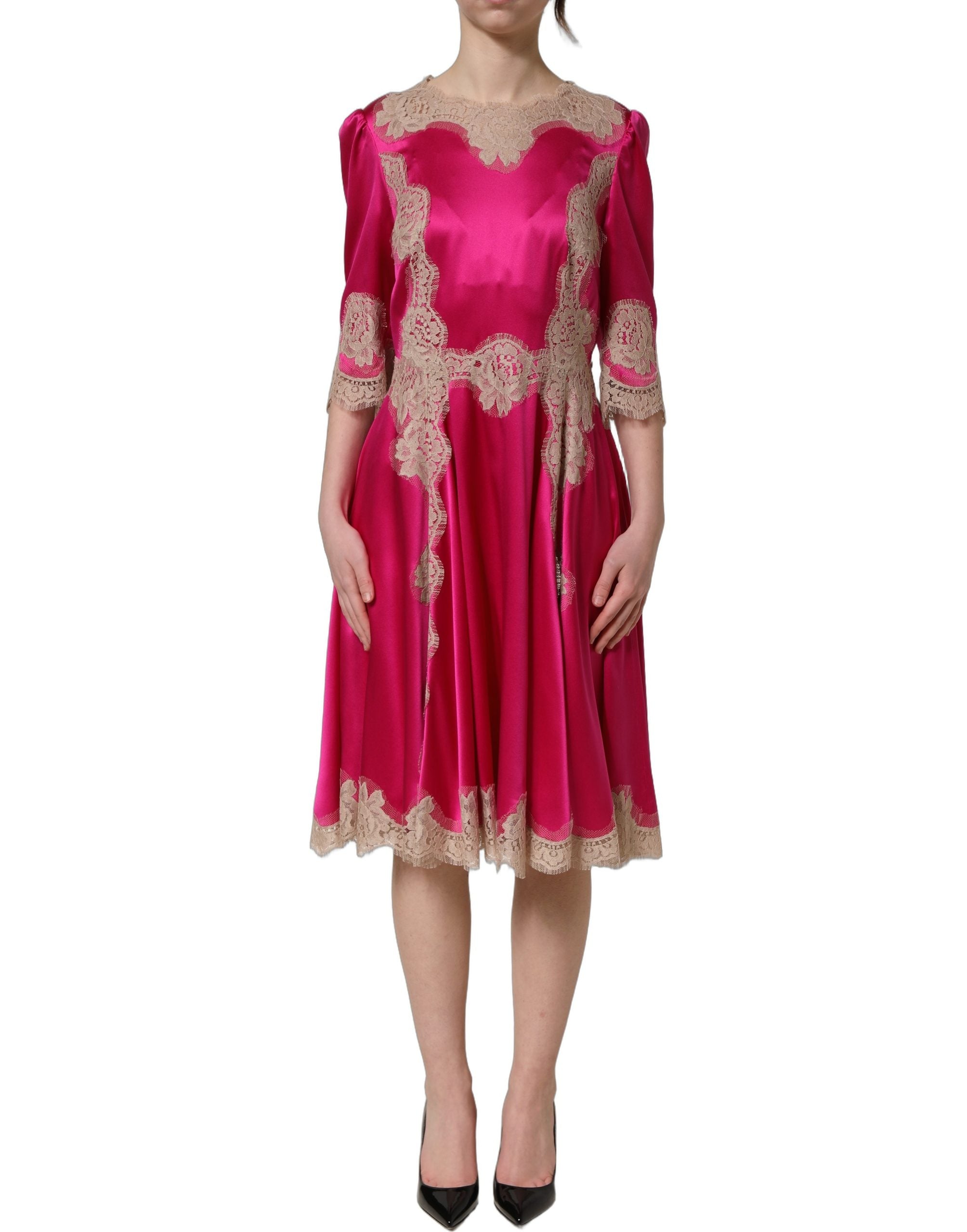 Dolce & Gabbana Fuchsia Pink Spitzen-Detail A-Linien-Midikleid