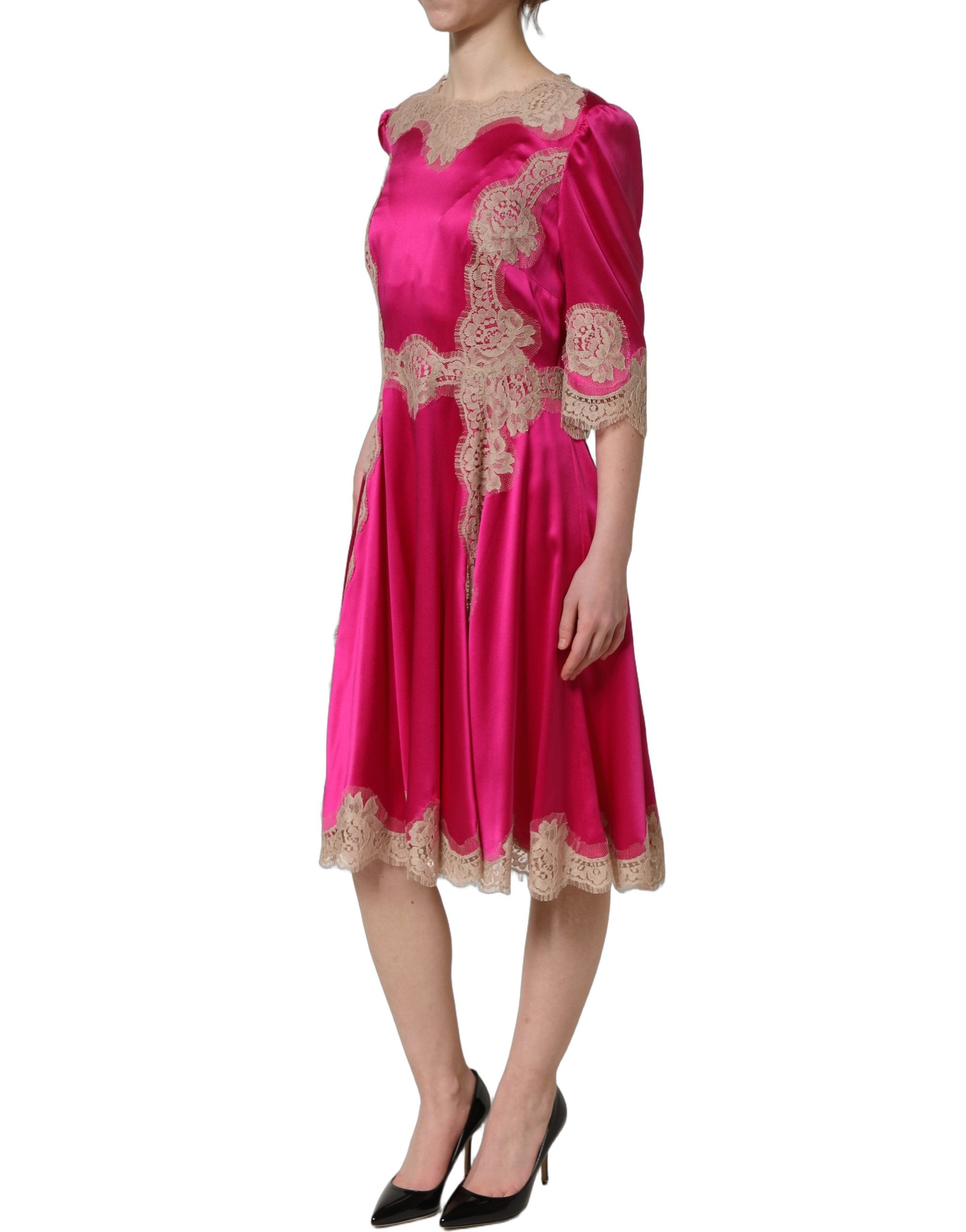Dolce & Gabbana Fuchsia Pink Spitzen-Detail A-Linien-Midikleid