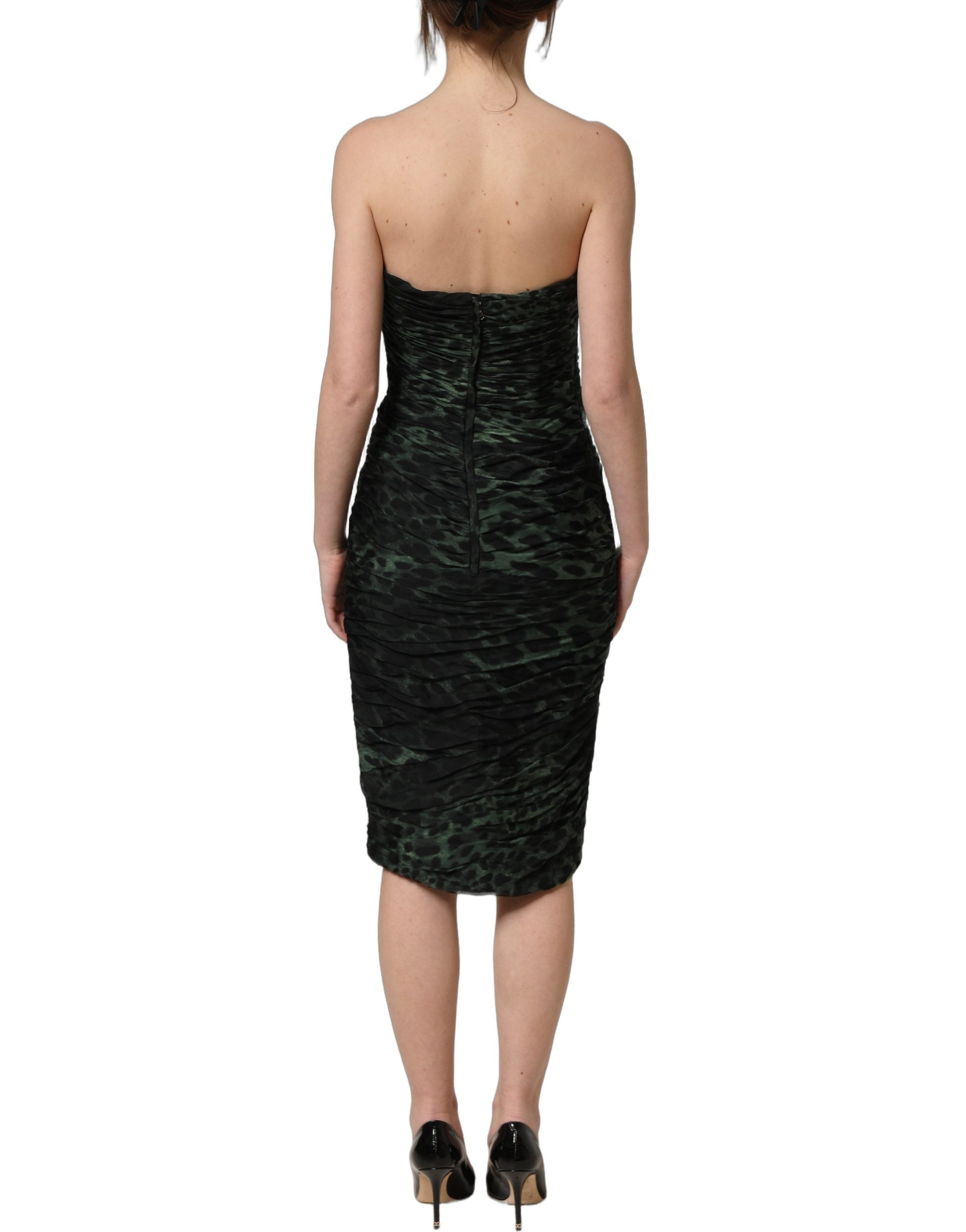 Dolce & Gabbana Bustier-Midi-Kleid mit drapierter Silhouette und grünem Leopardenmuster