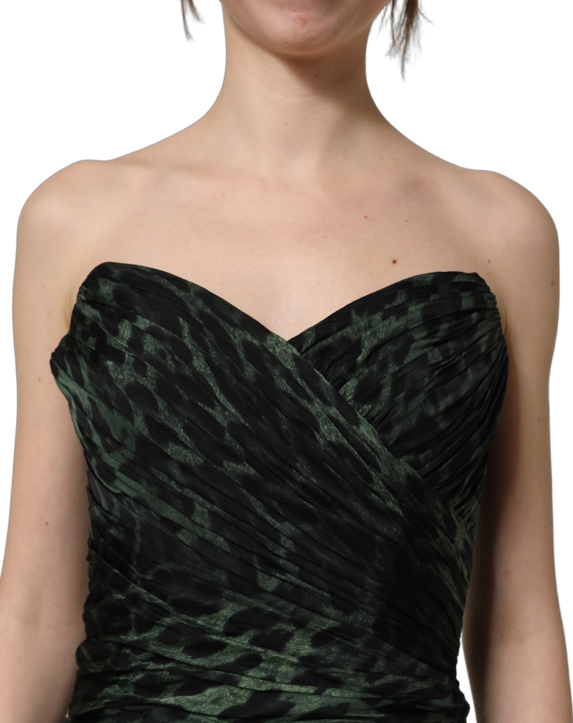 Dolce & Gabbana Bustier-Midi-Kleid mit drapierter Silhouette und grünem Leopardenmuster