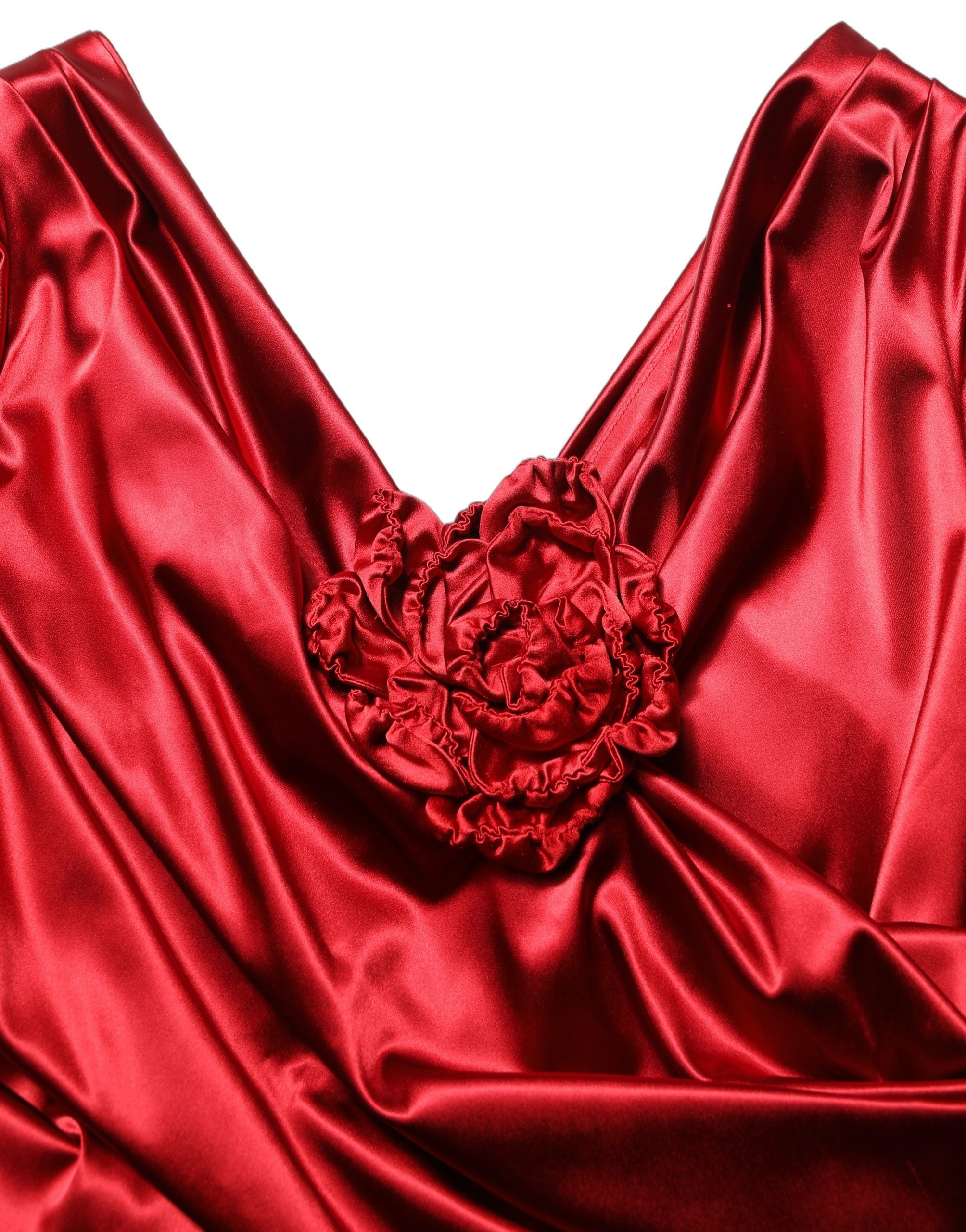 Dolce & Gabbana Rotes Seiden-Satin-Midikleid mit Drapierung und Blumenapplikation