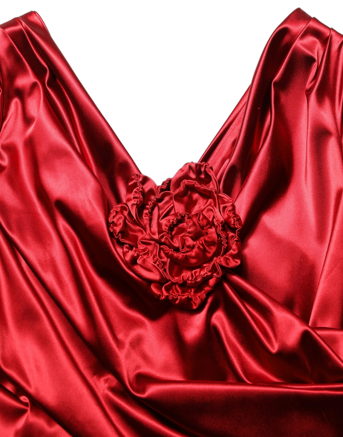 Dolce & Gabbana Rotes Seiden-Satin-Midikleid mit Drapierung und Blumenapplikation