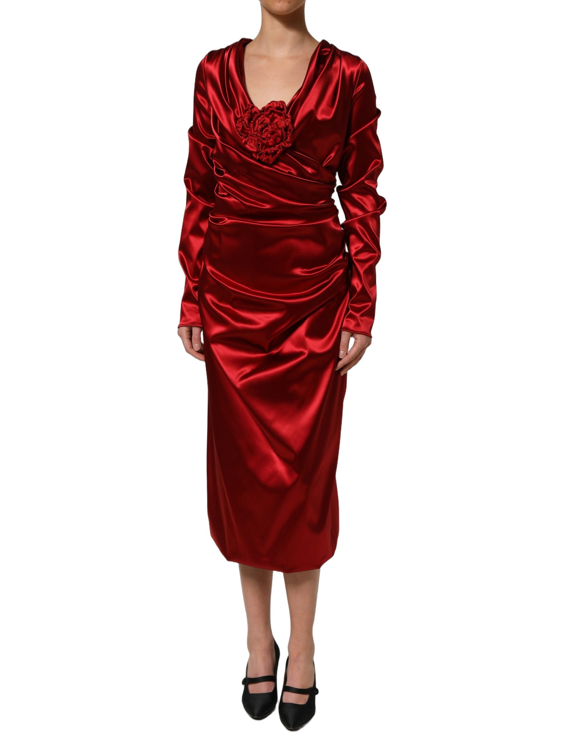 Dolce & Gabbana Rotes Seiden-Satin-Midikleid mit Drapierung und Blumenapplikation
