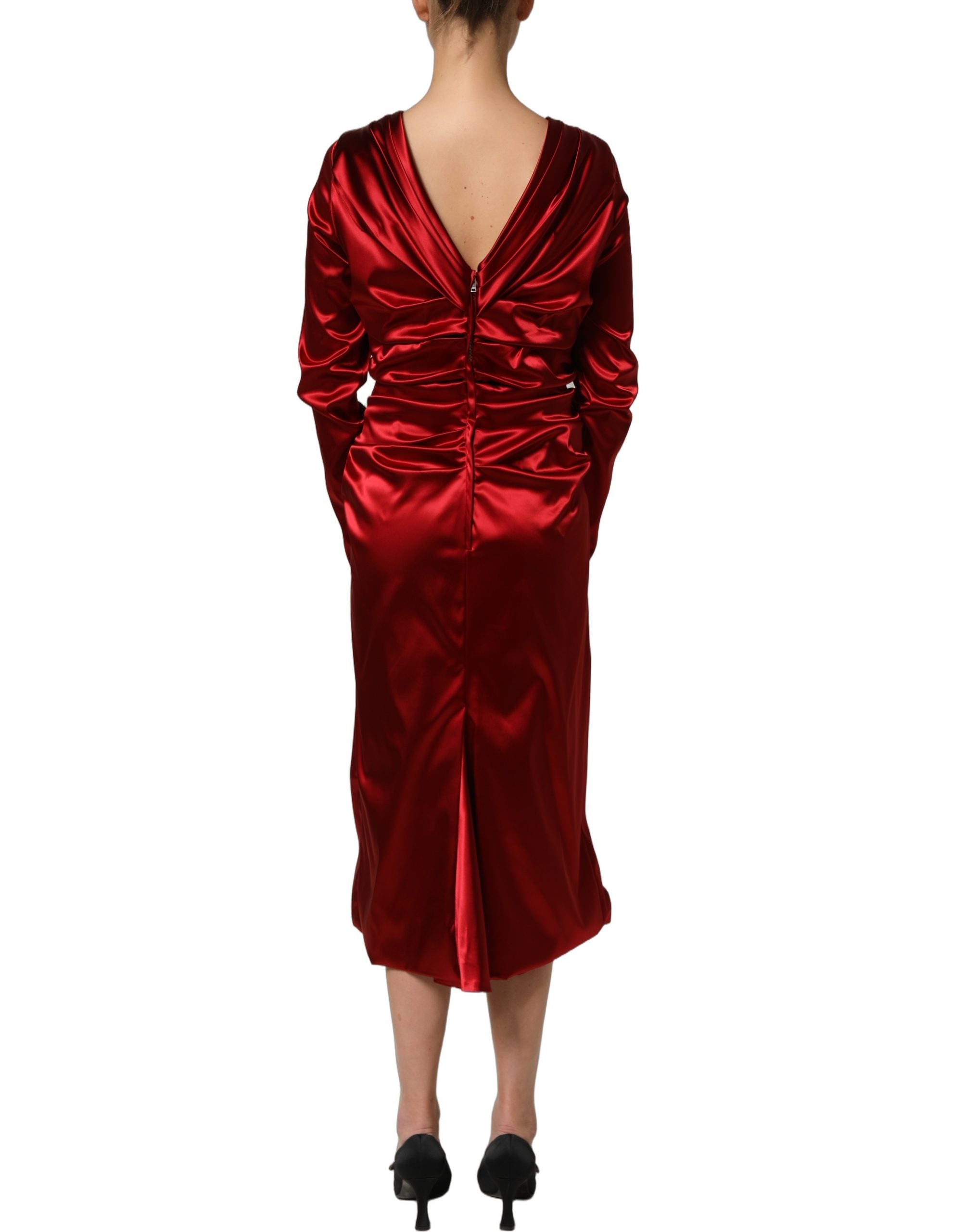 Dolce & Gabbana Rotes Seiden-Satin-Midikleid mit Drapierung und Blumenapplikation