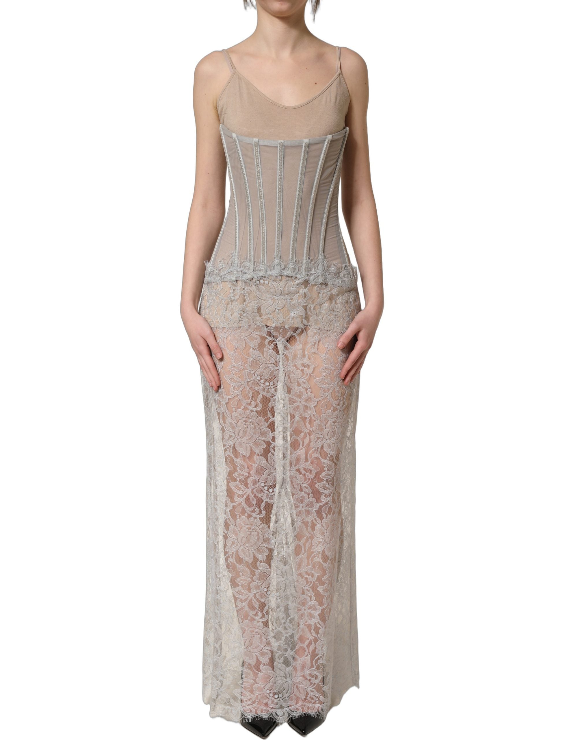 Dolce & Gabbana Graues Spitzenkorsett-Maxikleid