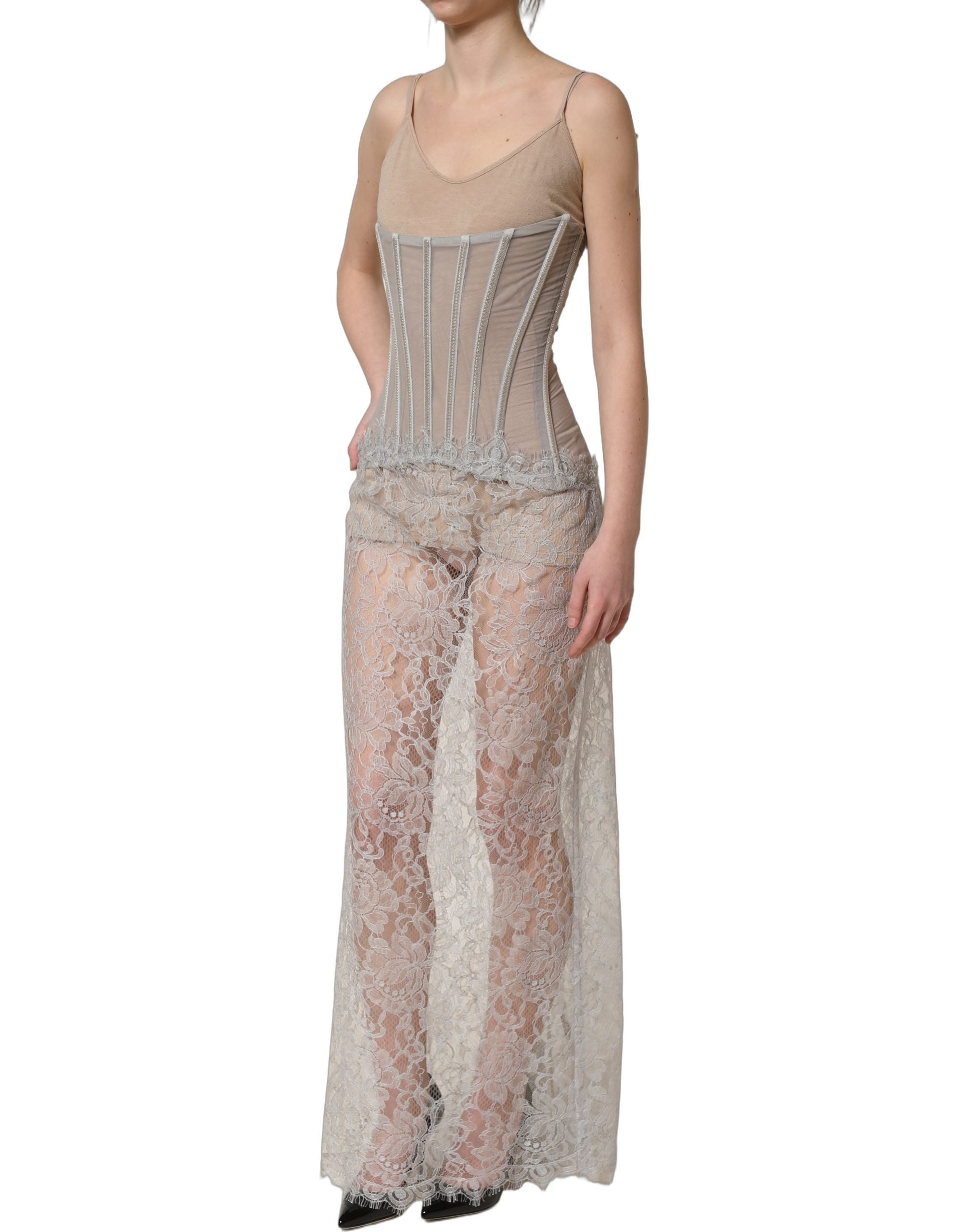 Dolce & Gabbana Graues Spitzenkorsett-Maxikleid