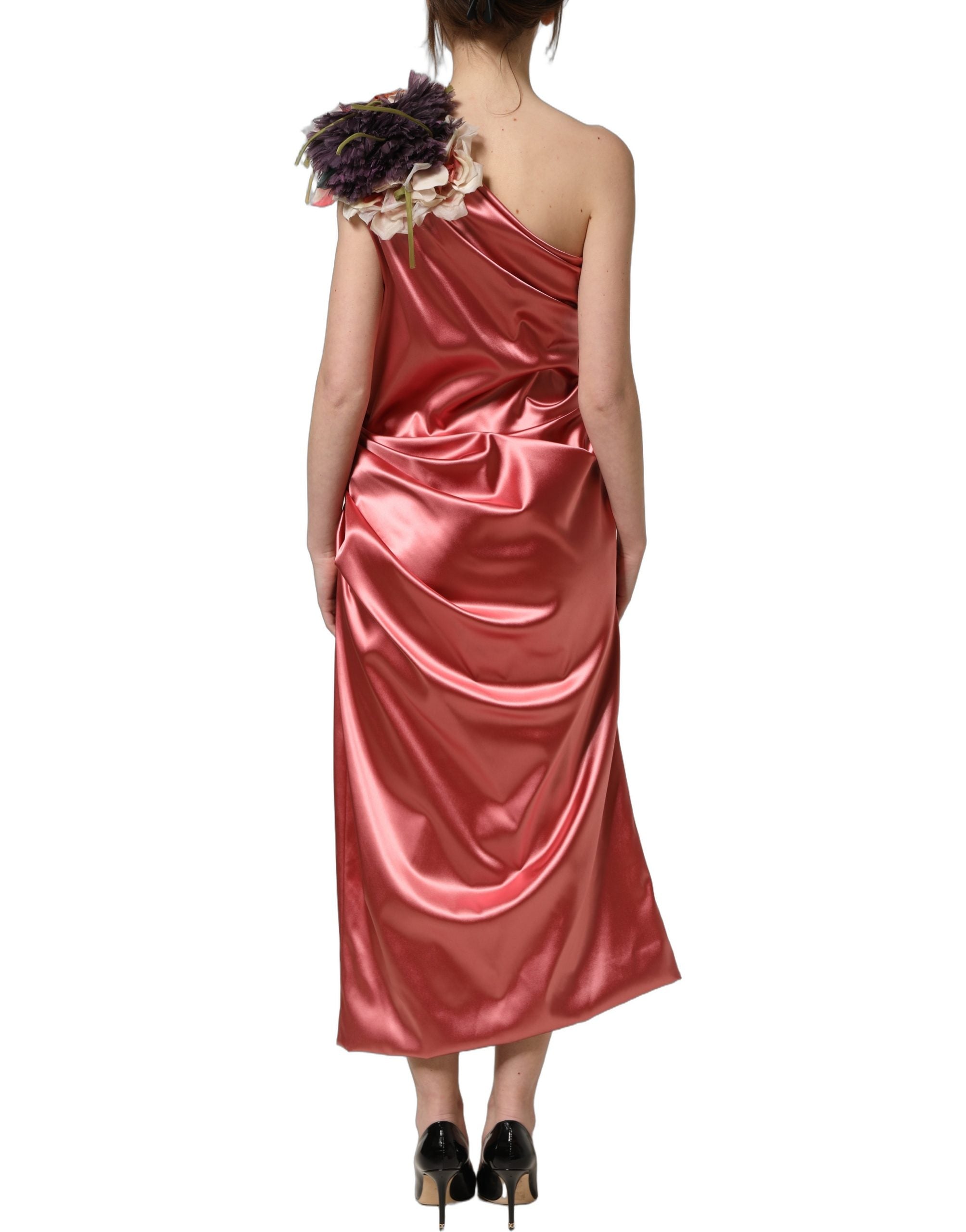 Dolce & Gabbana Rosa Midikleid mit Blumenapplikationen und Drapierung
