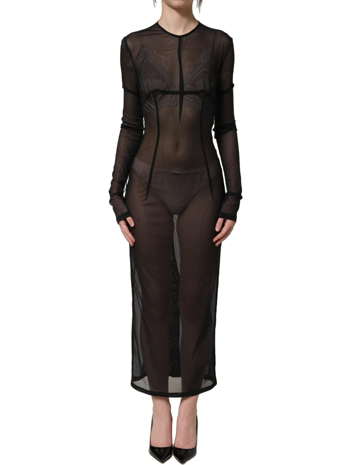 Dolce & Gabbana Schwarzes, figurbetontes Maxikleid mit langen Ärmeln und transparentem Stoff