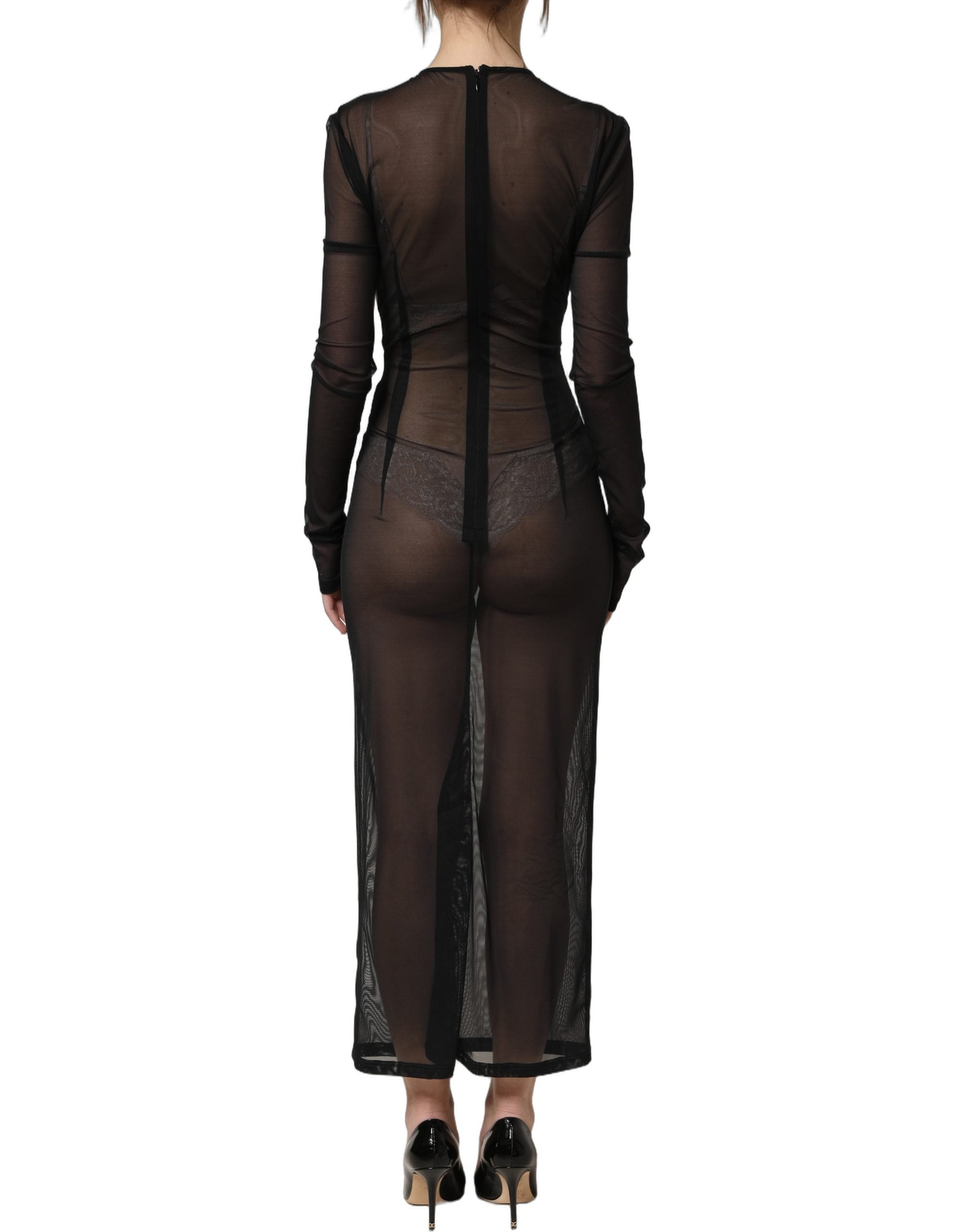 Dolce & Gabbana Schwarzes, figurbetontes Maxikleid mit langen Ärmeln und transparentem Stoff