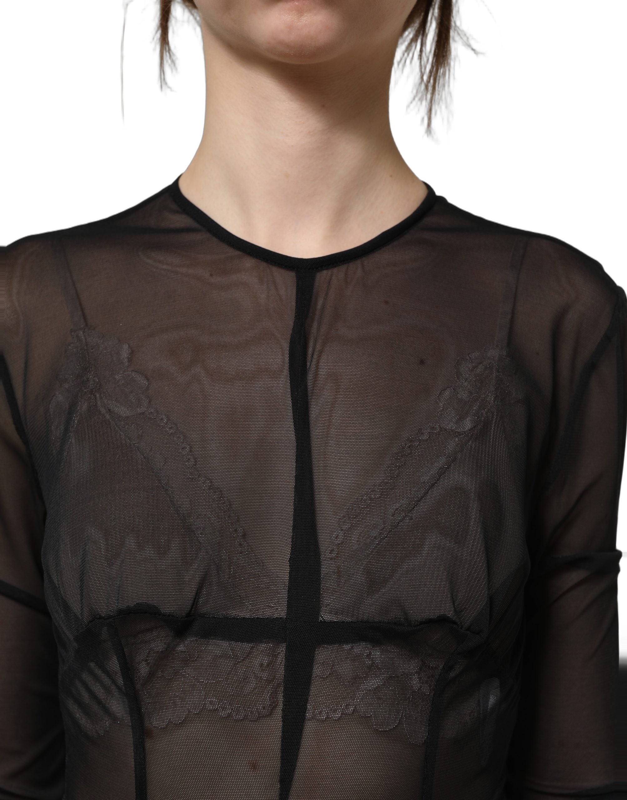 Dolce & Gabbana Schwarzes, figurbetontes Maxikleid mit langen Ärmeln und transparentem Stoff