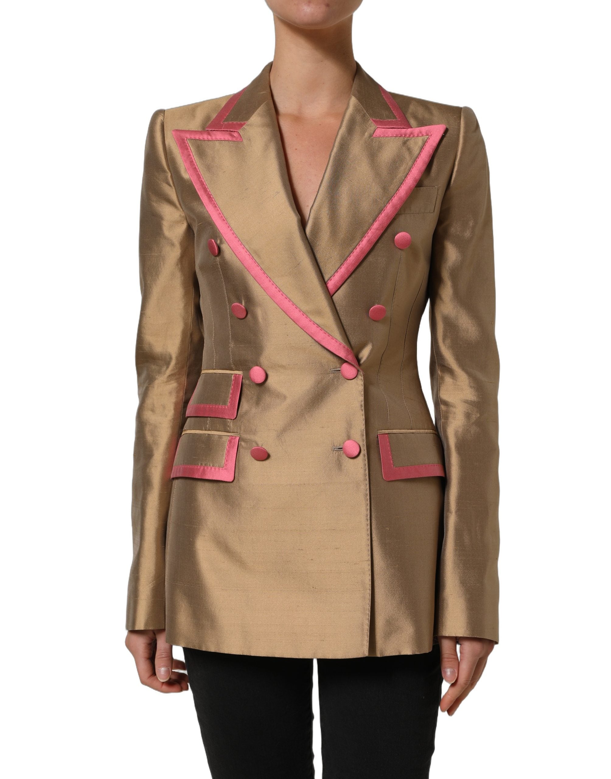 Dolce & Gabbana Goldfarbener Seiden-Zweireihiger Mantel-Blazer