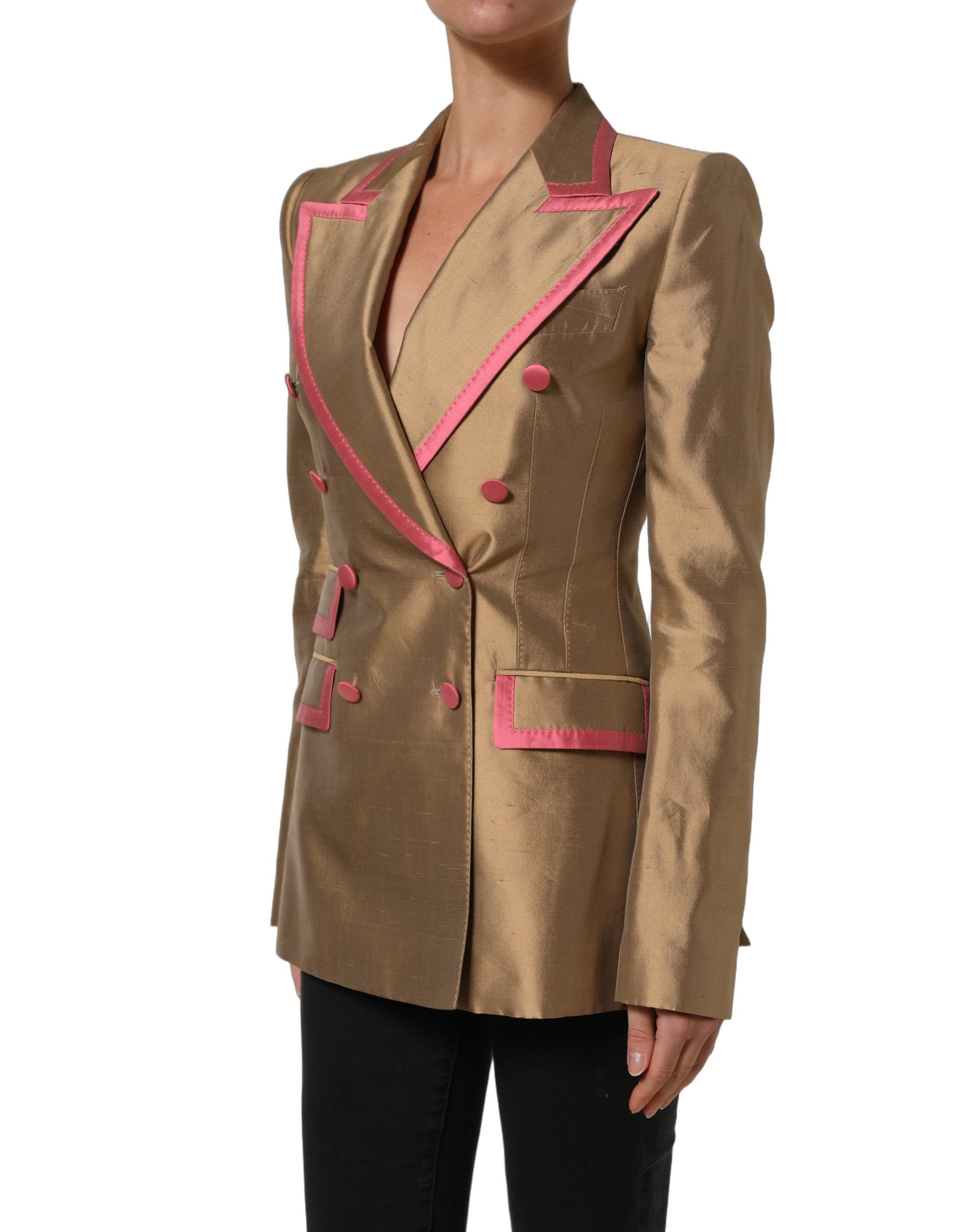 Dolce & Gabbana Goldfarbener Seiden-Zweireihiger Mantel-Blazer