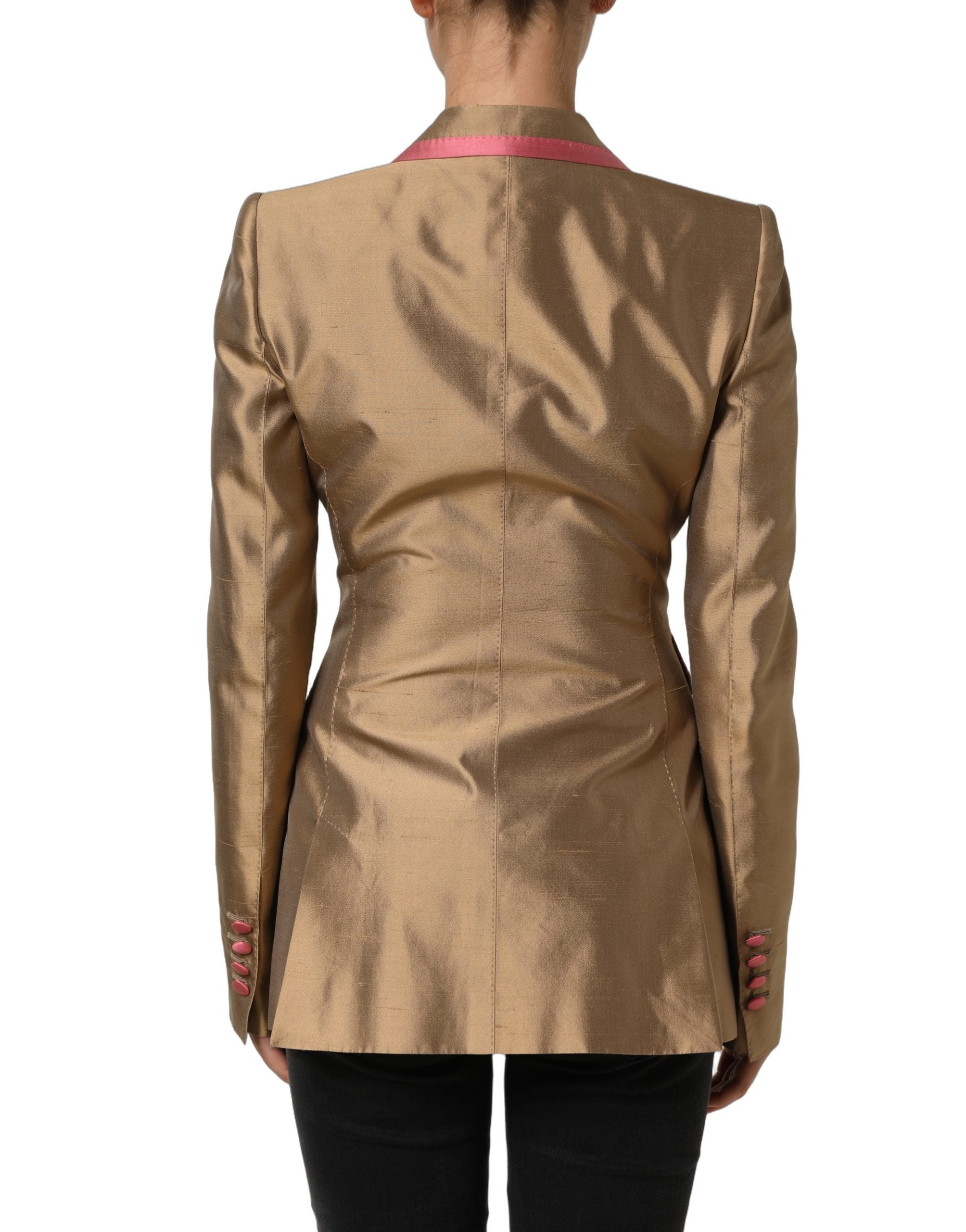 Dolce & Gabbana Goldfarbener Seiden-Zweireihiger Mantel-Blazer