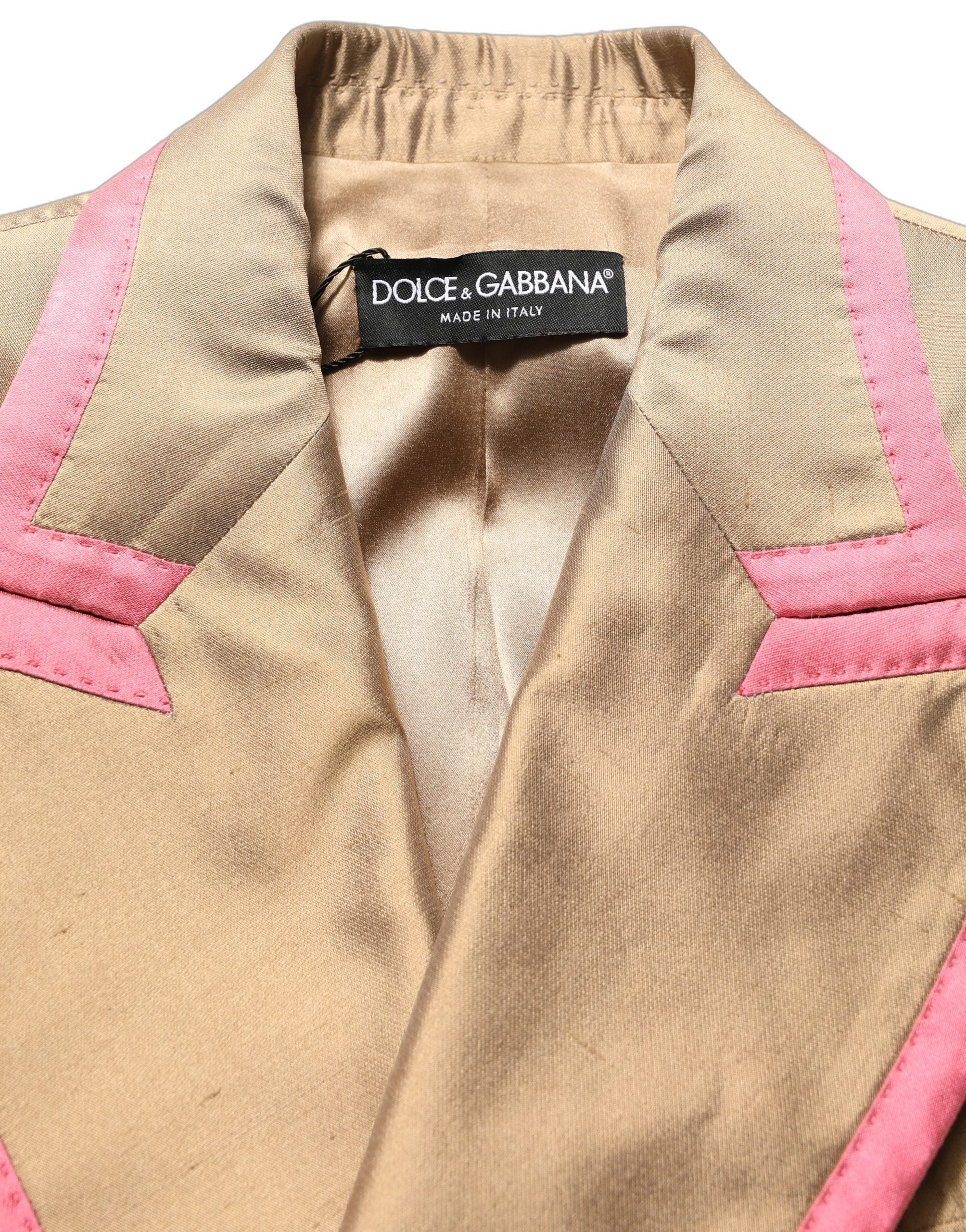 Dolce & Gabbana Goldfarbener Seiden-Zweireihiger Mantel-Blazer